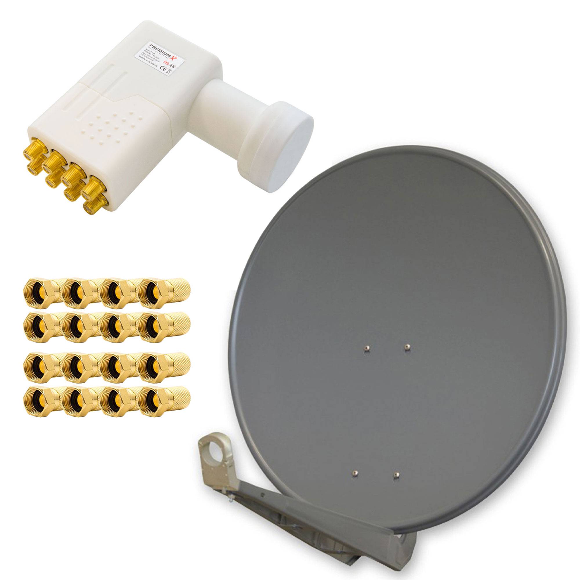 PremiumX DELUXE85 Aluminium 85cm Digital SAT Schüssel Spiegel in Anthrazit + LNB Octo 0,1 dB WE PXO-08 zum Direktanschluss von 8 Teilnehmern + 16x
