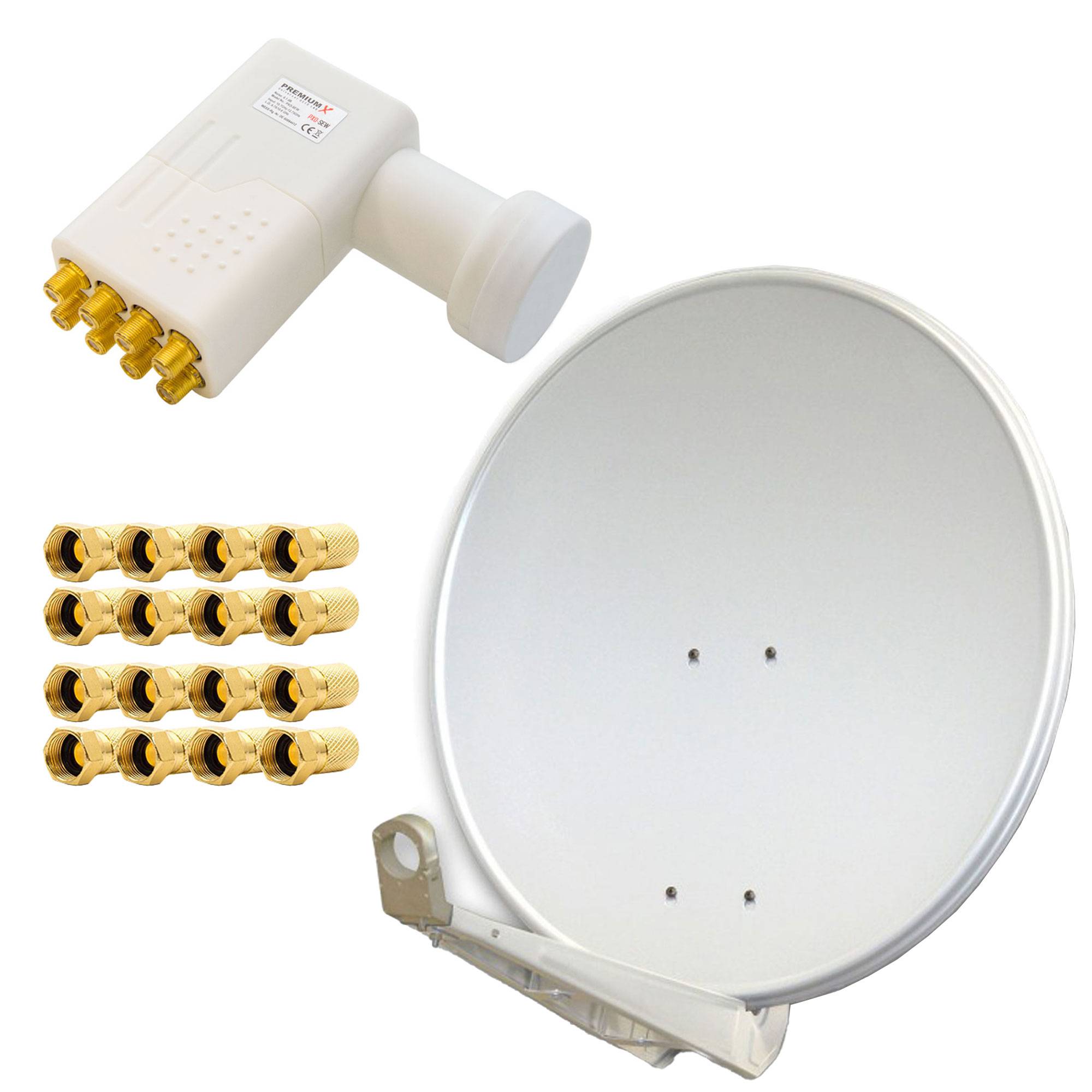 PremiumX DELUXE80 Aluminium 80cm Digital SAT Schüssel Spiegel in Hellgrau für HDTV HD+ 3D + LNB Octo 0,1 dB PremiumX WE PXO-08 zum Direktanschluss