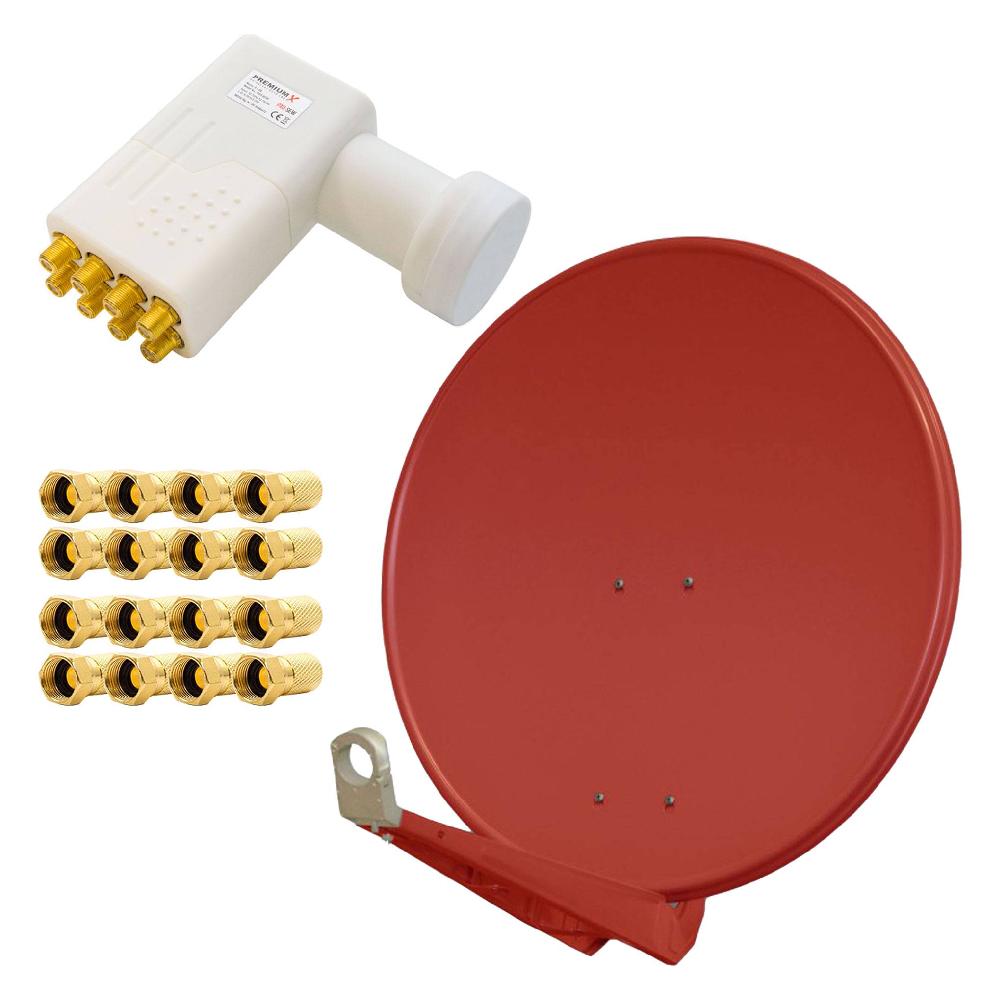 PremiumX DELUXE85 Aluminium 85cm Digital SAT Schüssel Spiegel in Ziegelrot für HDTV HD+ 3D + LNB Octo 0,1 dB WE PXO-08 zum Direktanschluss von 8 Tei