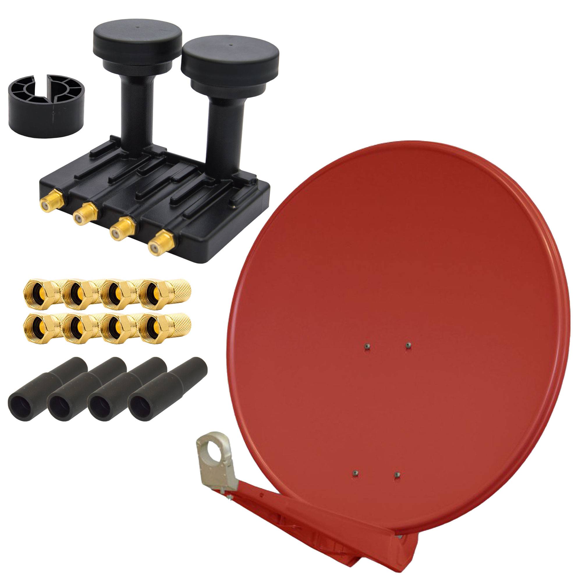 PremiumX DELUXE85 Aluminium 85cm Digital SAT Schüssel Spiegel in Ziegelrot + Monoblock Quad PXMB-6Q LNB 0,1dB Astra 19,2° Hotbird 13° + 4x Gummitü