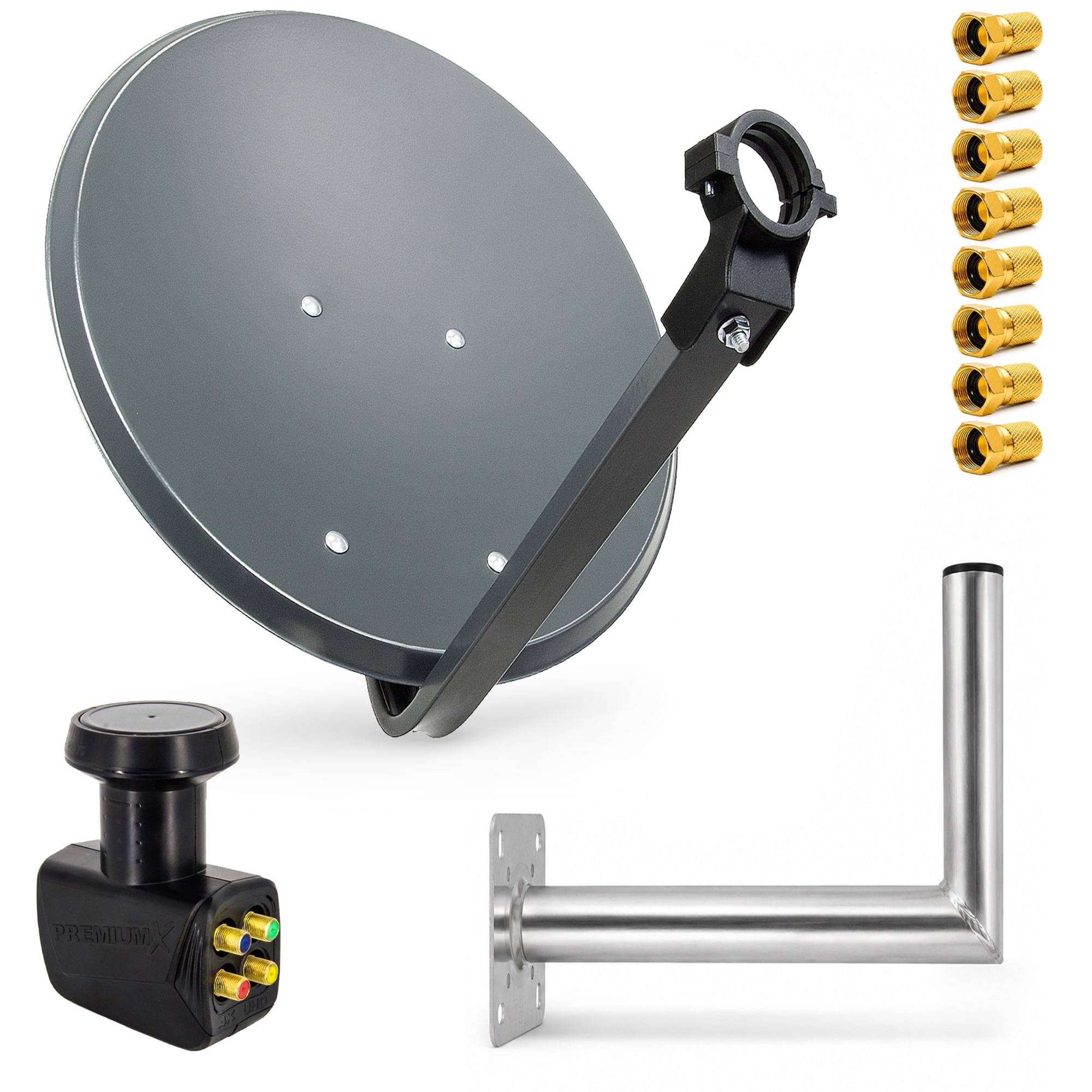 Satellitenschüssel-Montageset mit grauer Schüssel, L-förmiger Wandhalterung, schwarzem Speisearm, Stecker und goldfarbigen Beschlägen auf weißem Hintergrund.