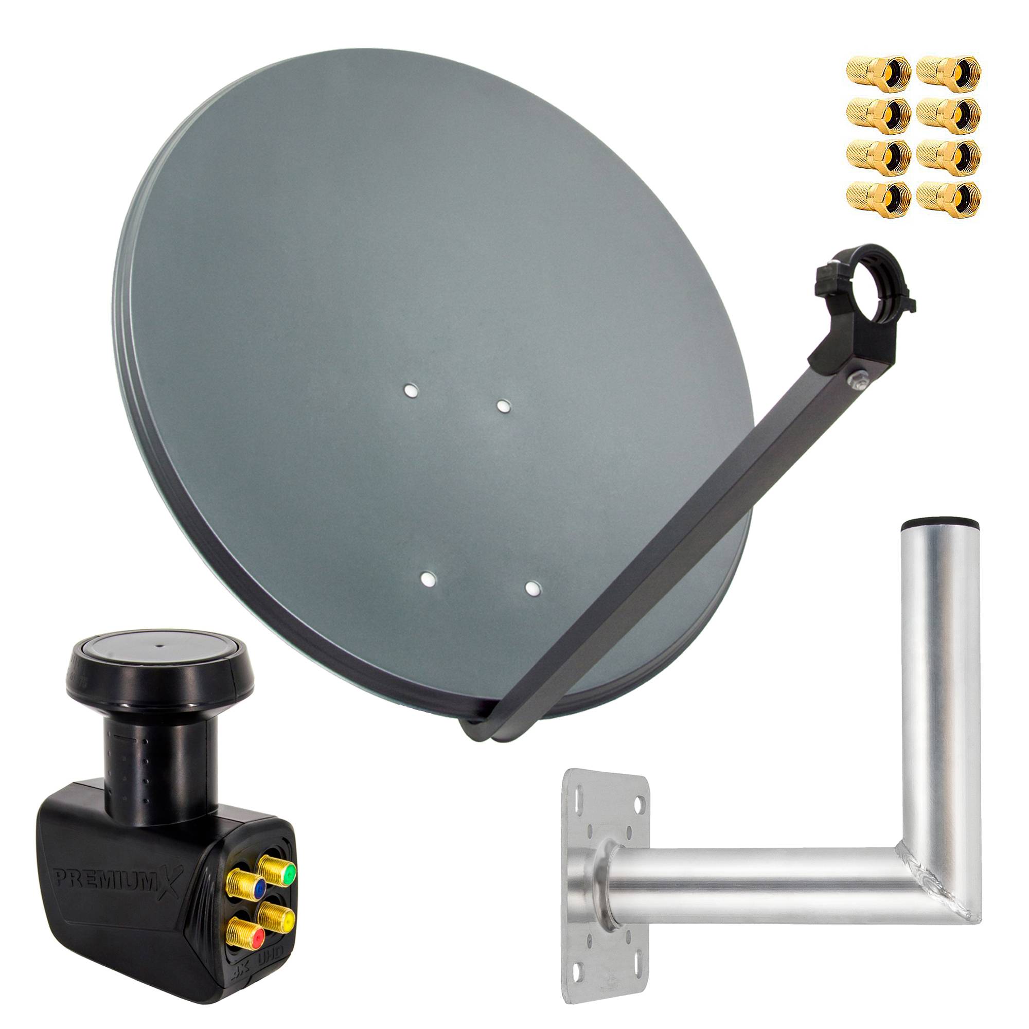 PremiumX Satelliten-Komplettanlage 80cm Satellitenschüssel Anthrazit Quad LNB 8x F-Stecker Wandhalter 25cm - 1 SAT 4 Teilnehmer