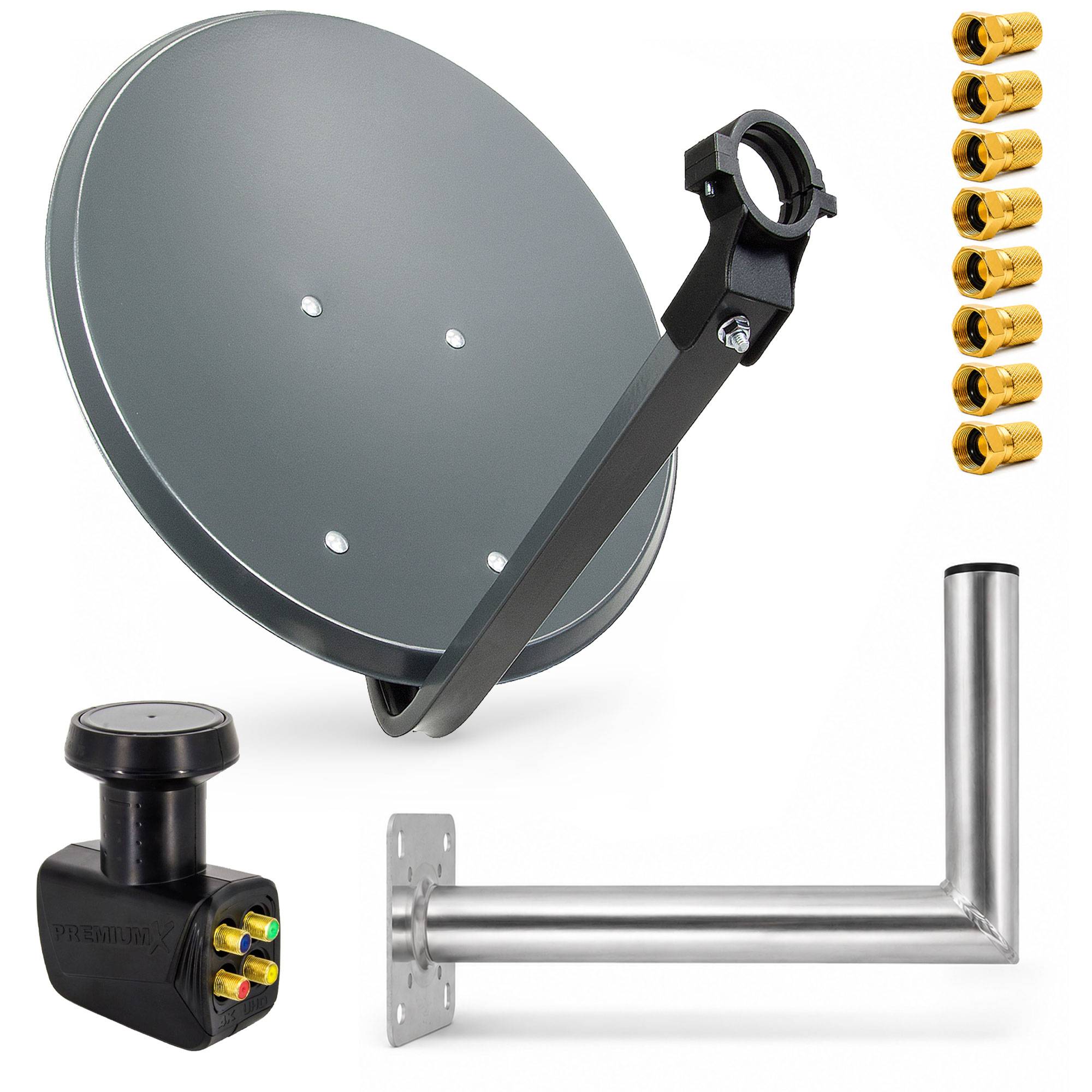 Satellitenschüssel-Antennenbausatz mit Montierungsarm, Wandhalterung, LNB und vergoldeten Koaxialsteckern auf weißem Hintergrund.