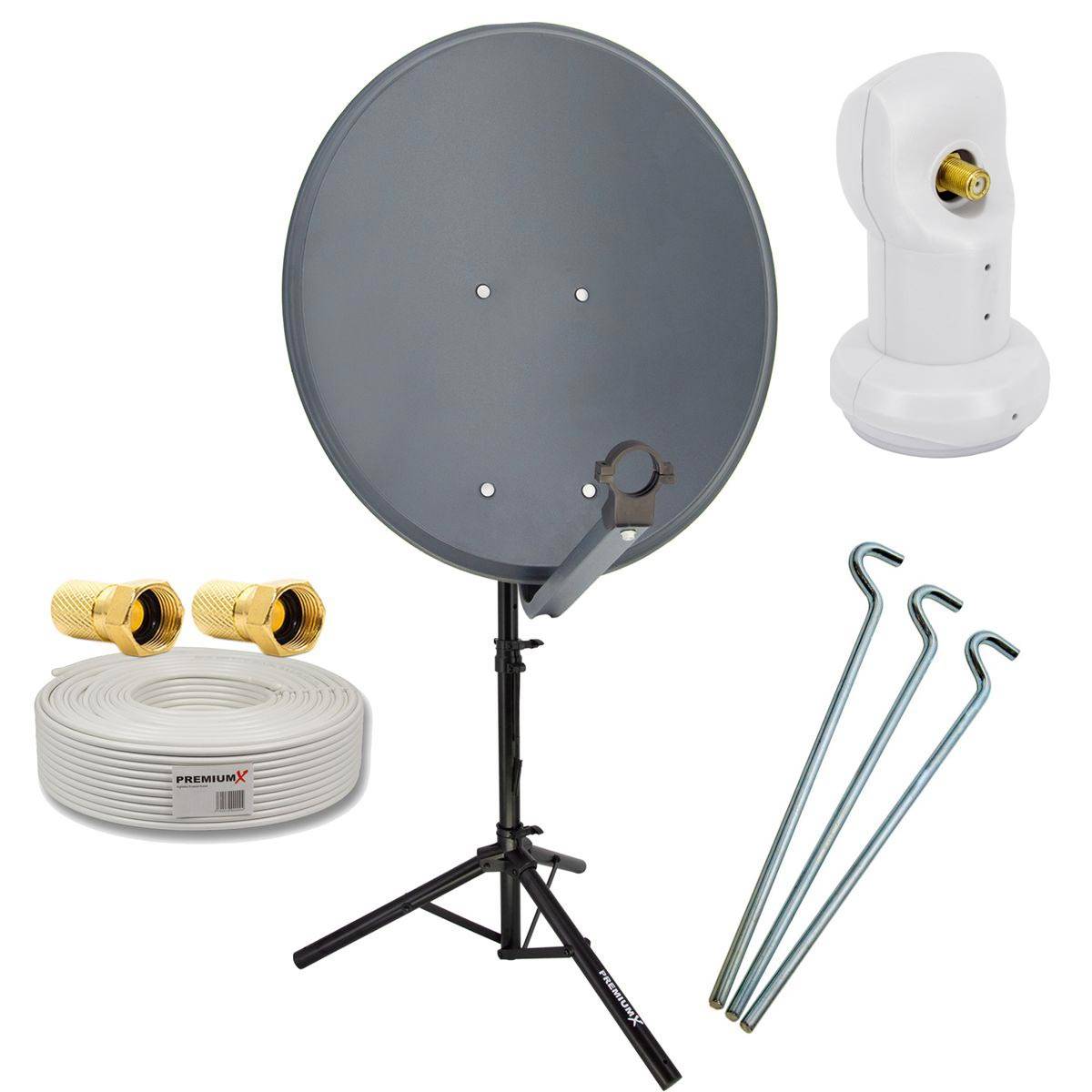 PremiumX Camping Satelliten-Komplettanlage 60cm Antenne SAT Single LNB 10m Antennenkabel Dreibein-Stativ 3x Stahl-Heringe