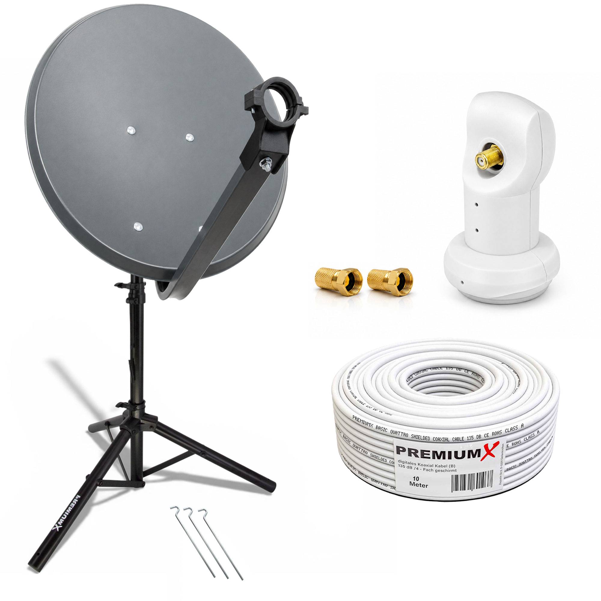 Satellitenfernsehen-Schüssel-Kit mit Stativständer, LNB-Empfänger, Koaxialkabelspule, Steckverbindern und Befestigungsstiften auf weißem Hintergrund.