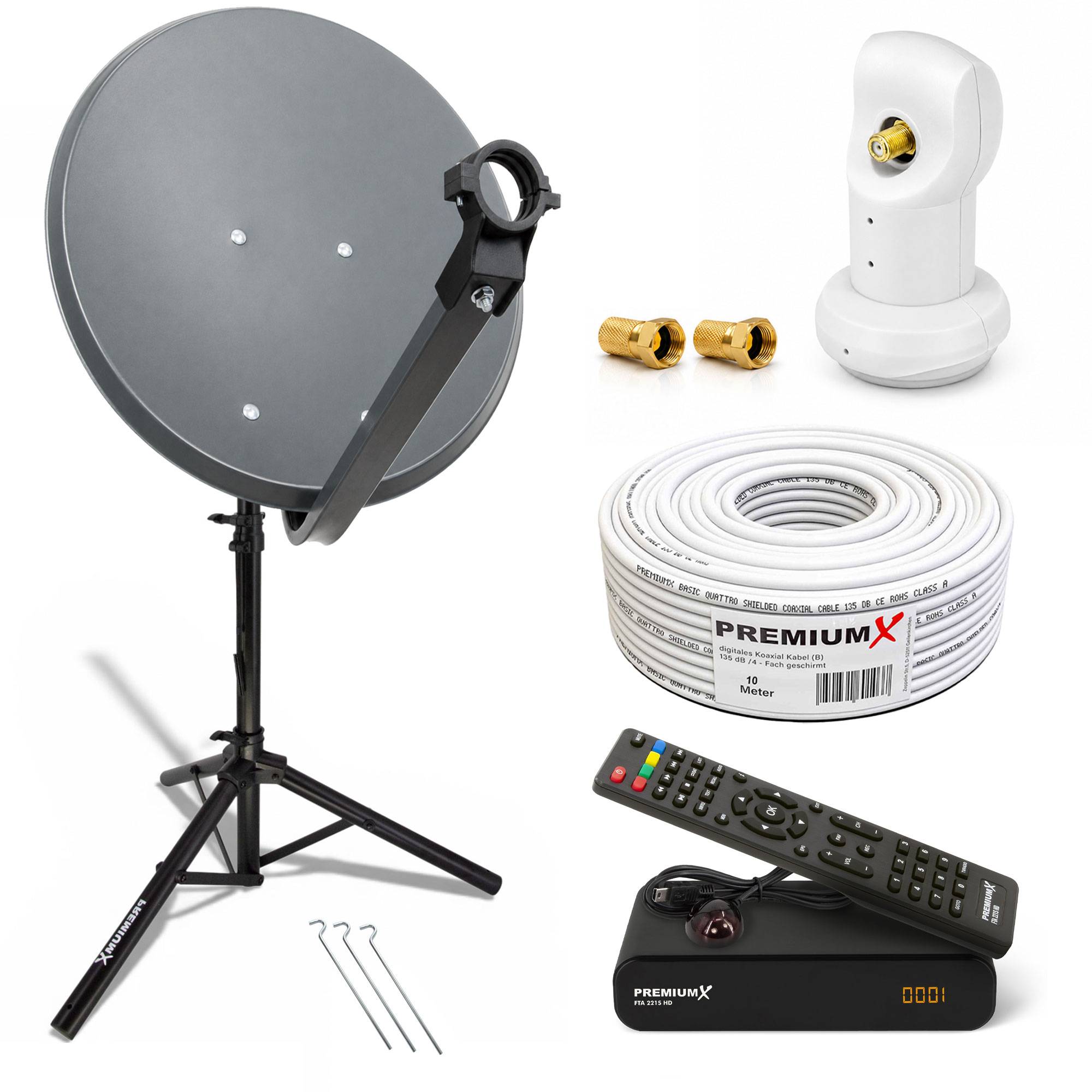 PremiumX Camping Satelliten-Komplettanlage 60cm Antenne Anthrazit SAT Single LNB Dreibein Stativ TV Kabel DVB-S2 HD Receiver