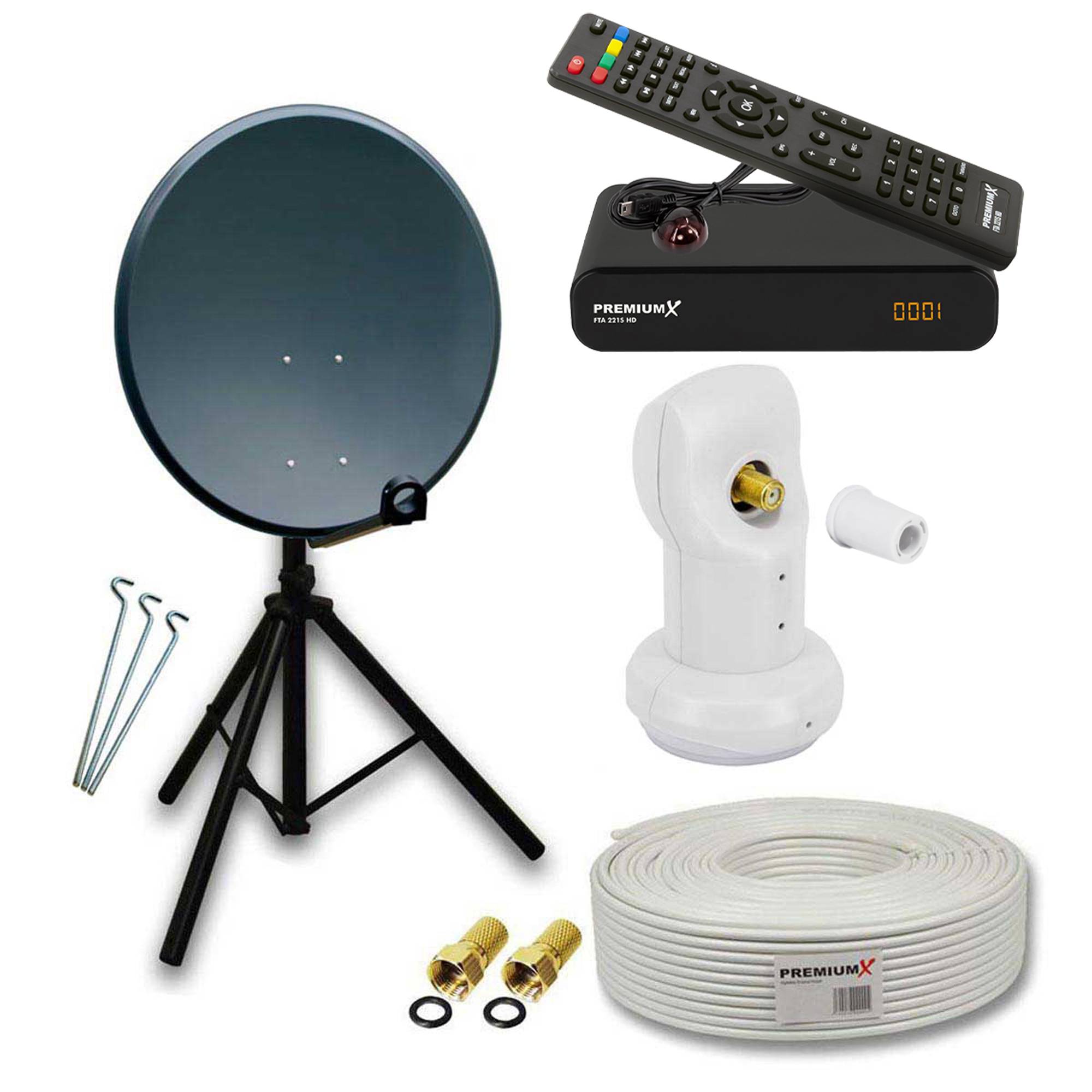 PremiumX Camping Satelliten-Komplettanlage 60cm Antenne Anthrazit SAT Single LNB Dreibein Stativ TV Kabel DVB-S2 HD Receiver