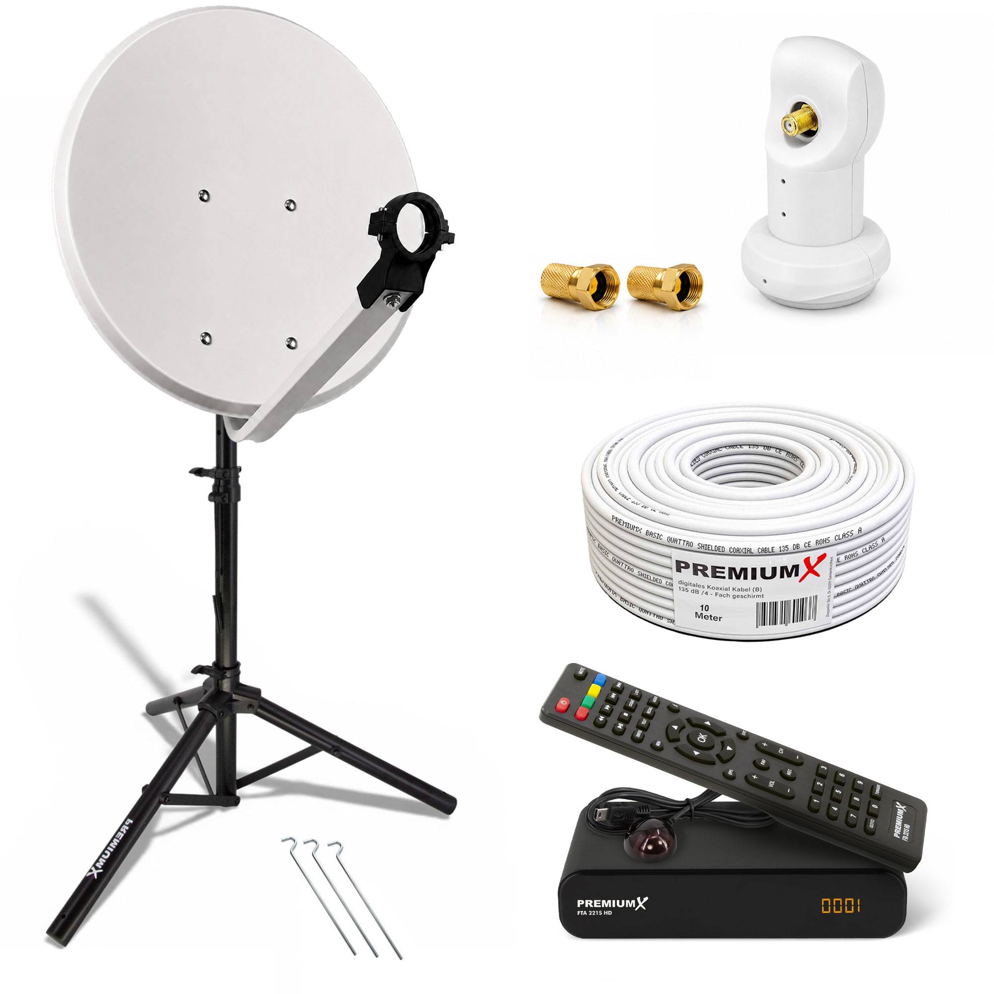 Satellitenfernsehen-Set mit Schüssel auf Stativ, LNB, Koaxialkabel, Steckverbindern, Fernbedienung, Receiver und Montagezubehör auf weißem Hintergrund.