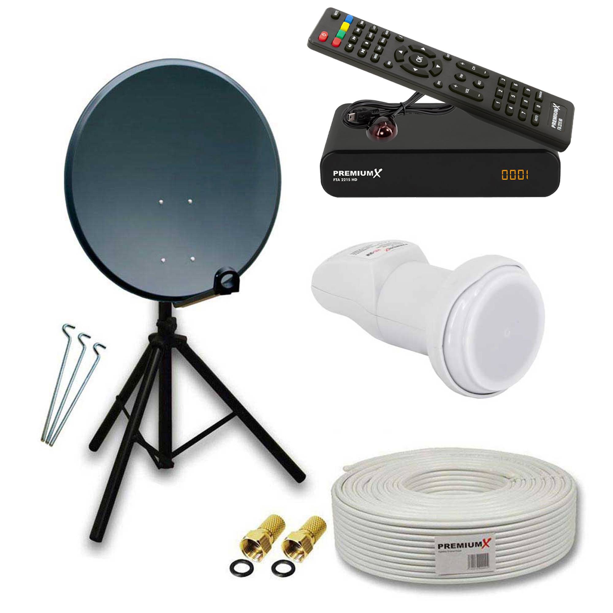 PremiumX mobile Camping Satelliten-Komplettanlage 60cm Antenne Aluminium SAT Single LNB Dreibein-Stativ Kabel Satelliten-Receiver