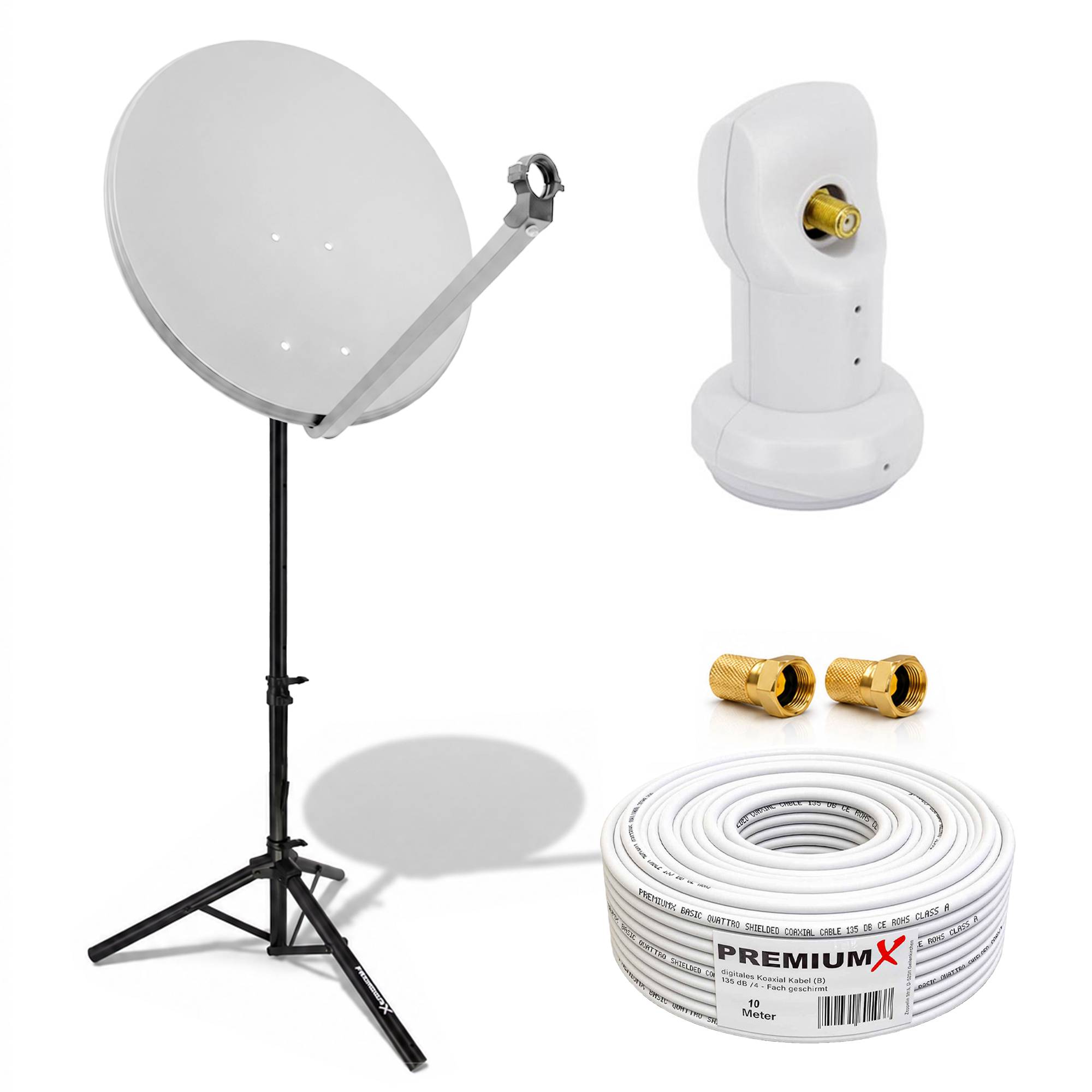 Satellitenschüssel-Antennensatz mit Stativständer, Empfänger, zwei Steckverbindern und aufgerolltem Koaxialkabel auf weißem Hintergrund