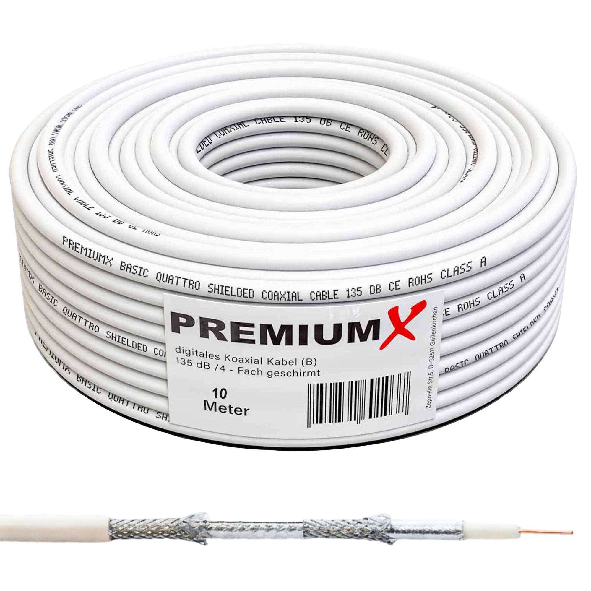 Aufgerolltes weißes Koaxialkabel auf einer Spule mit der Bezeichnung „PREMIUM X