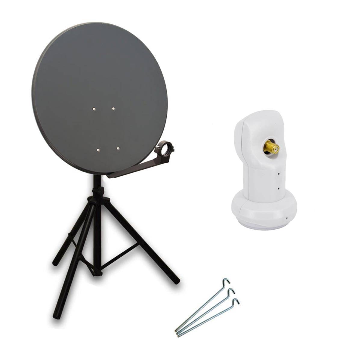 PremiumX Camping Satelliten-Komplettanlage 80cm Satellitenschüssel Anthrazit SAT Single LNB Dreibein-Stativ inkl. 3x Heringe