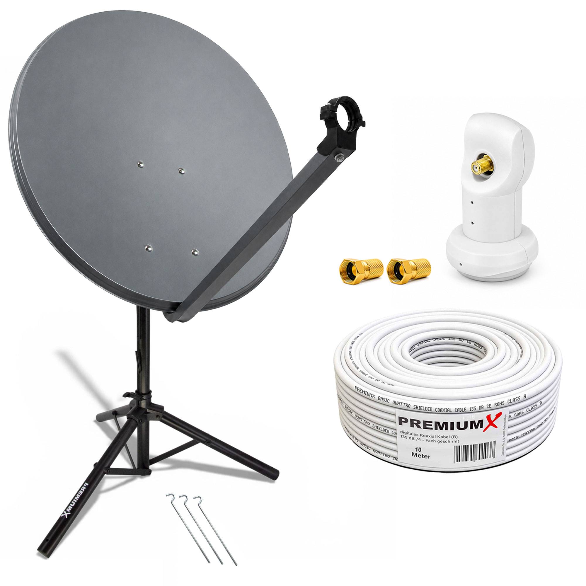 Satellitenschüssel-Set mit Stativständer, LNB, Koaxialkabel, Steckverbindern und Montagezubehör auf weißem Hintergrund.