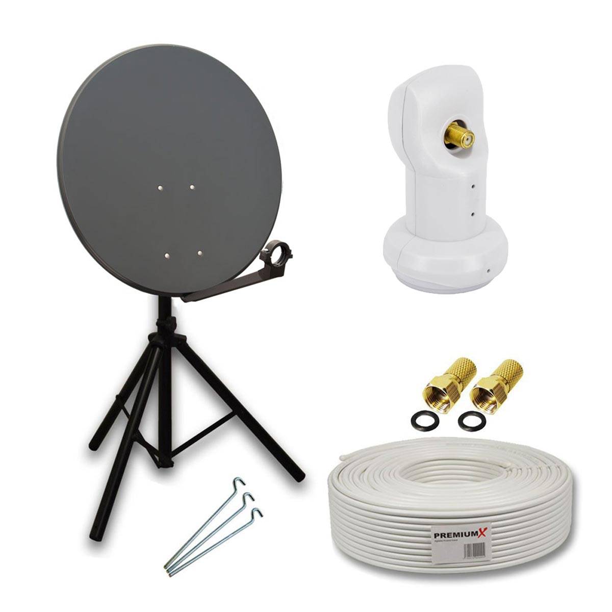 PremiumX Camping Satelliten-Komplettanlage 80cm Satellitenschüssel SAT Single LNB 10m Kabel F-Stecker Dreibein-Stativ