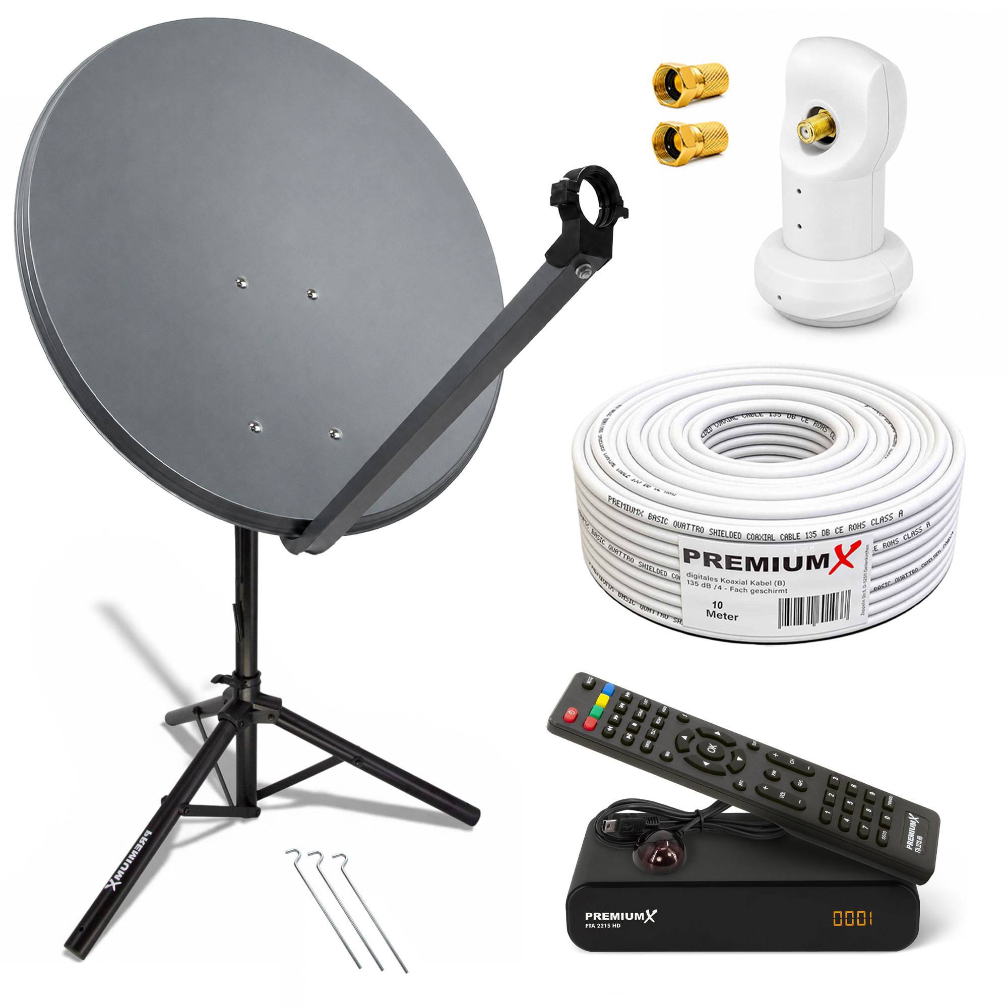 PremiumX Satelliten-Komplettanlage 80cm Satellitenschüssel Anthrazit Single LNB Dreibein-Stativ Kabel FullHD Sat-Receiver HDMI-Kabel