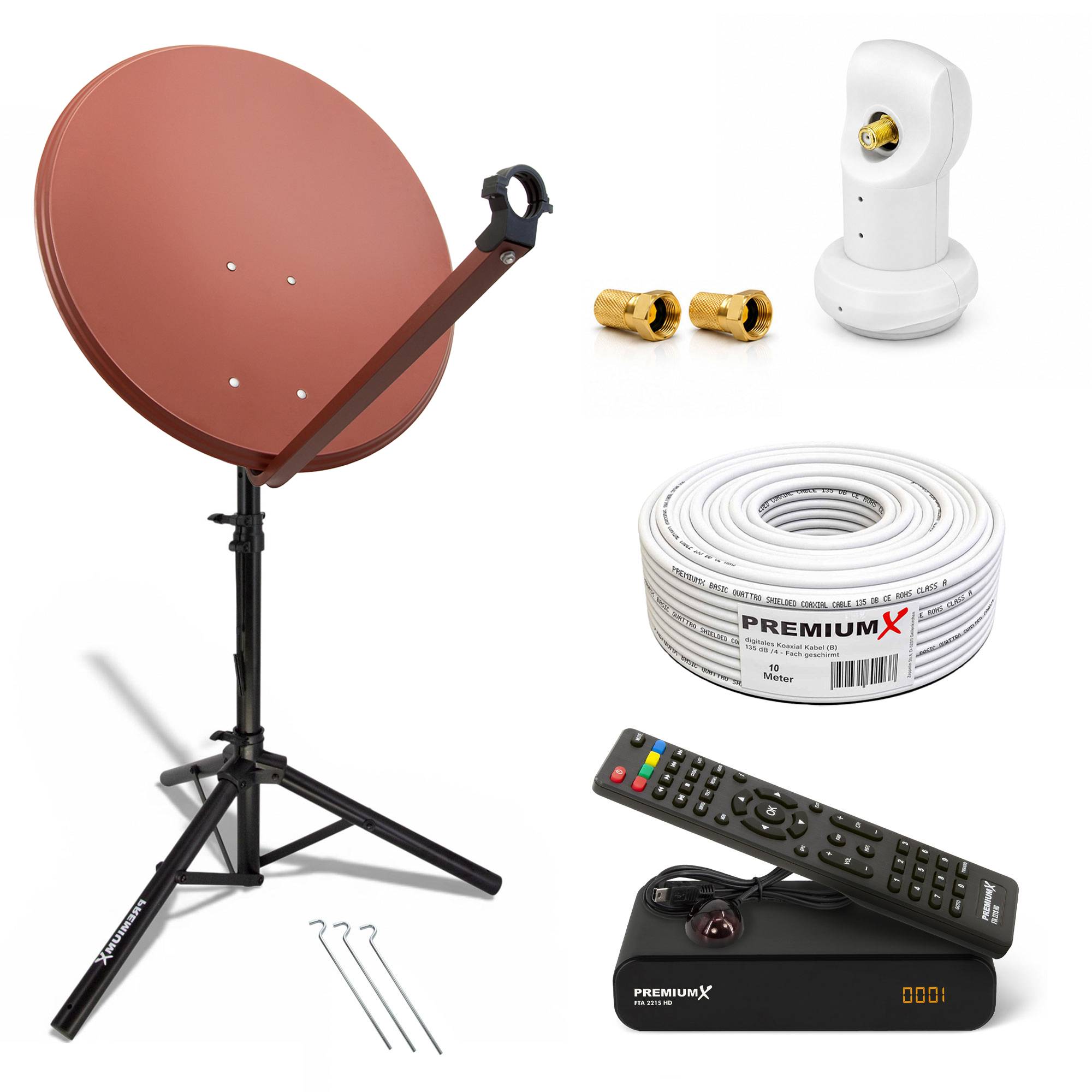 Satellitenantenne-Kit mit Ständer, Koaxialkabel, Steckverbinder, LNB, Fernbedienung, Receiver-Box und Montageschrauben auf weißem Hintergrund.