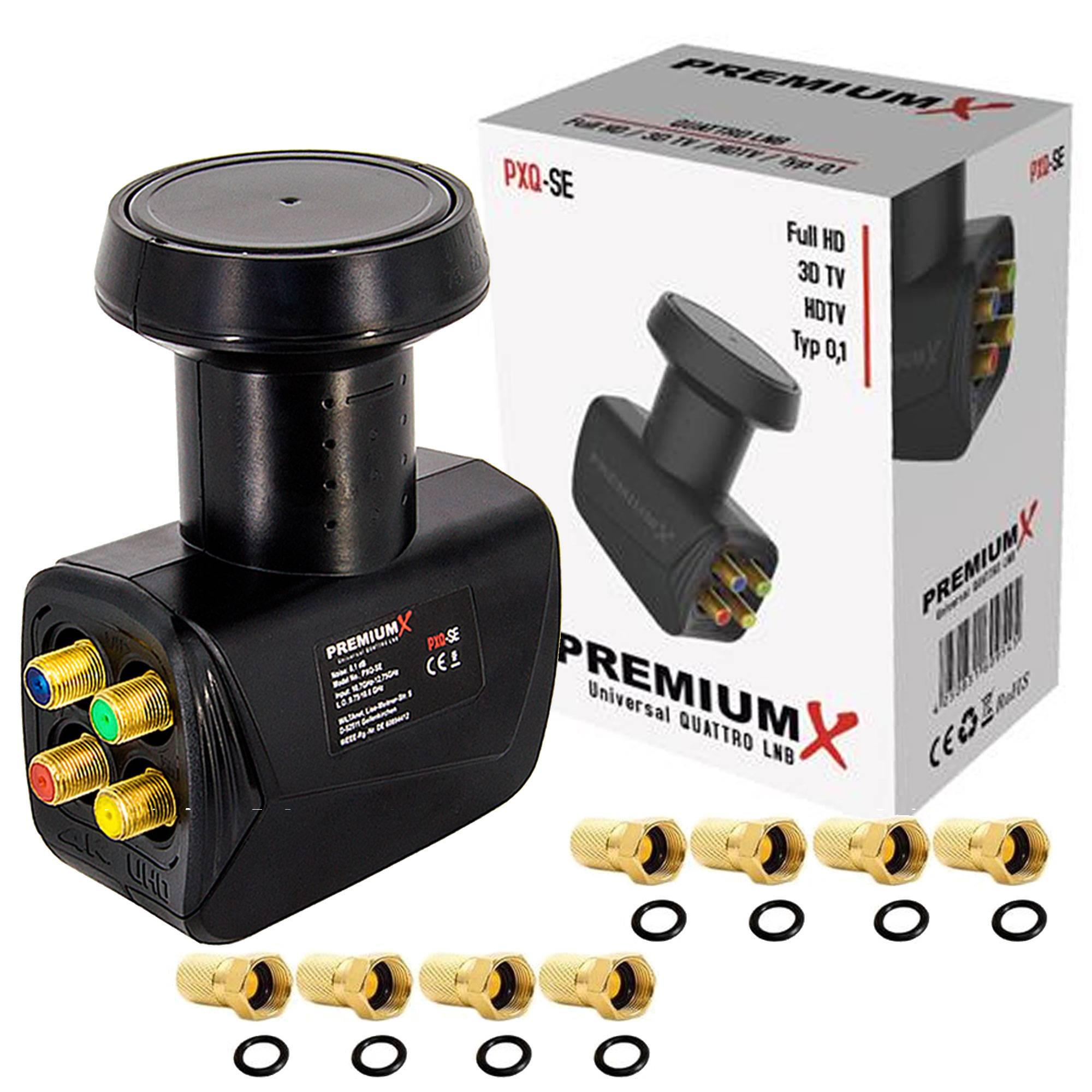 Premium X Quattro LNB - 4Fach - nur für Multischalter - 4K Full HD - mit Wetterschutz und LTE Filter + 8X F-Stecker für Satellitenschüssel Digital