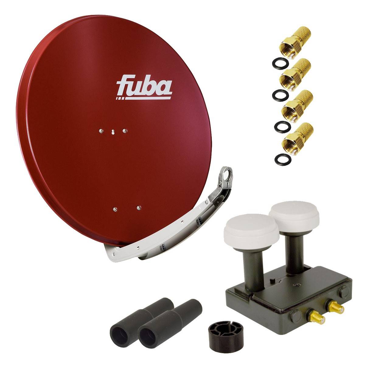 FUBA 2 Teilnehmer Astra Hotbird Digital SAT Anlage DAA 850 R ALU Rot PremiumX Twin Monoblock LNB 4x F-Stecker 2x Tülle