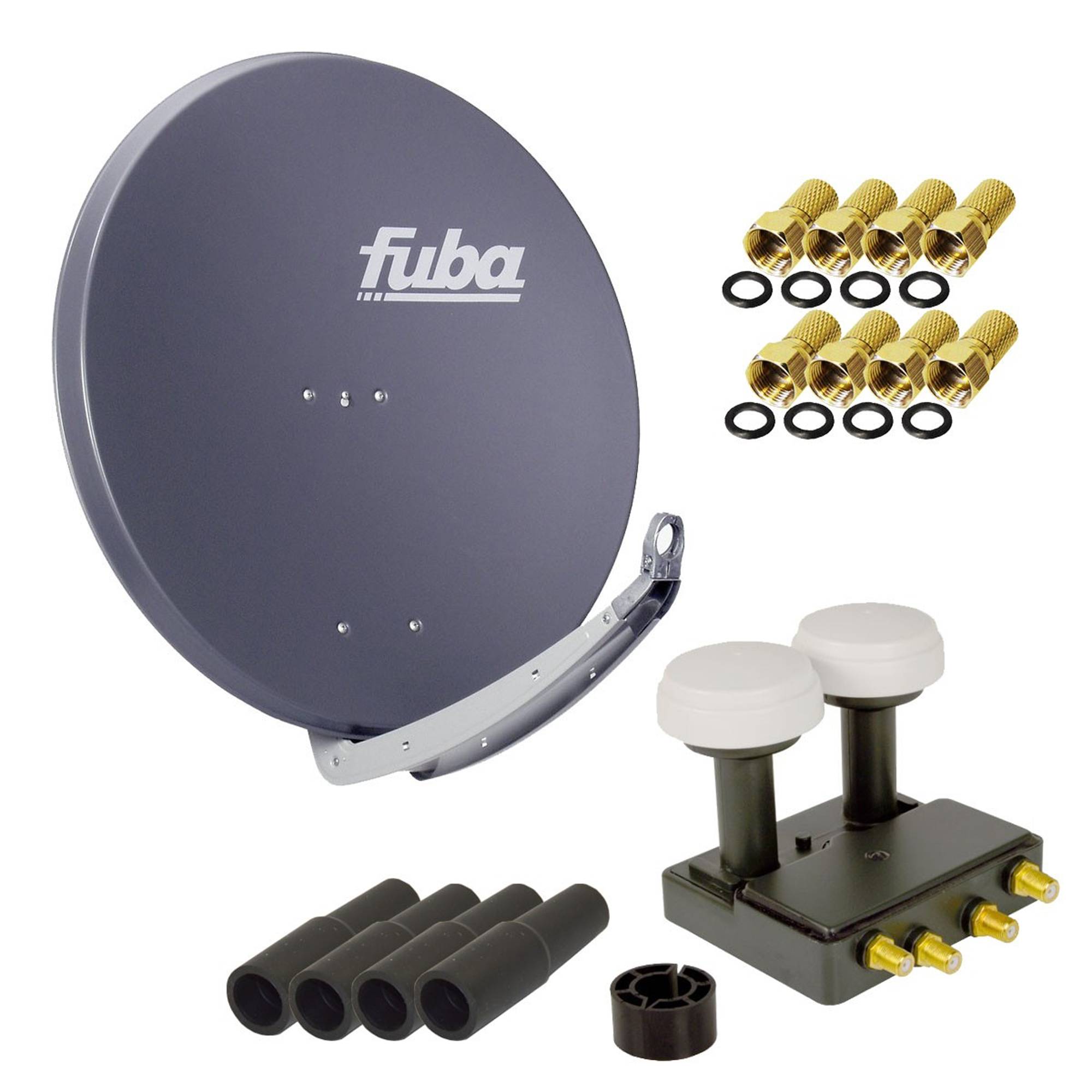 FUBA 4 Teilnehmer Astra Hotbird Digital SAT Anlage DAA 850 A ALU Anthrazit PremiumX Quad Monoblock LNB 8x F-Stecker 4x Tülle