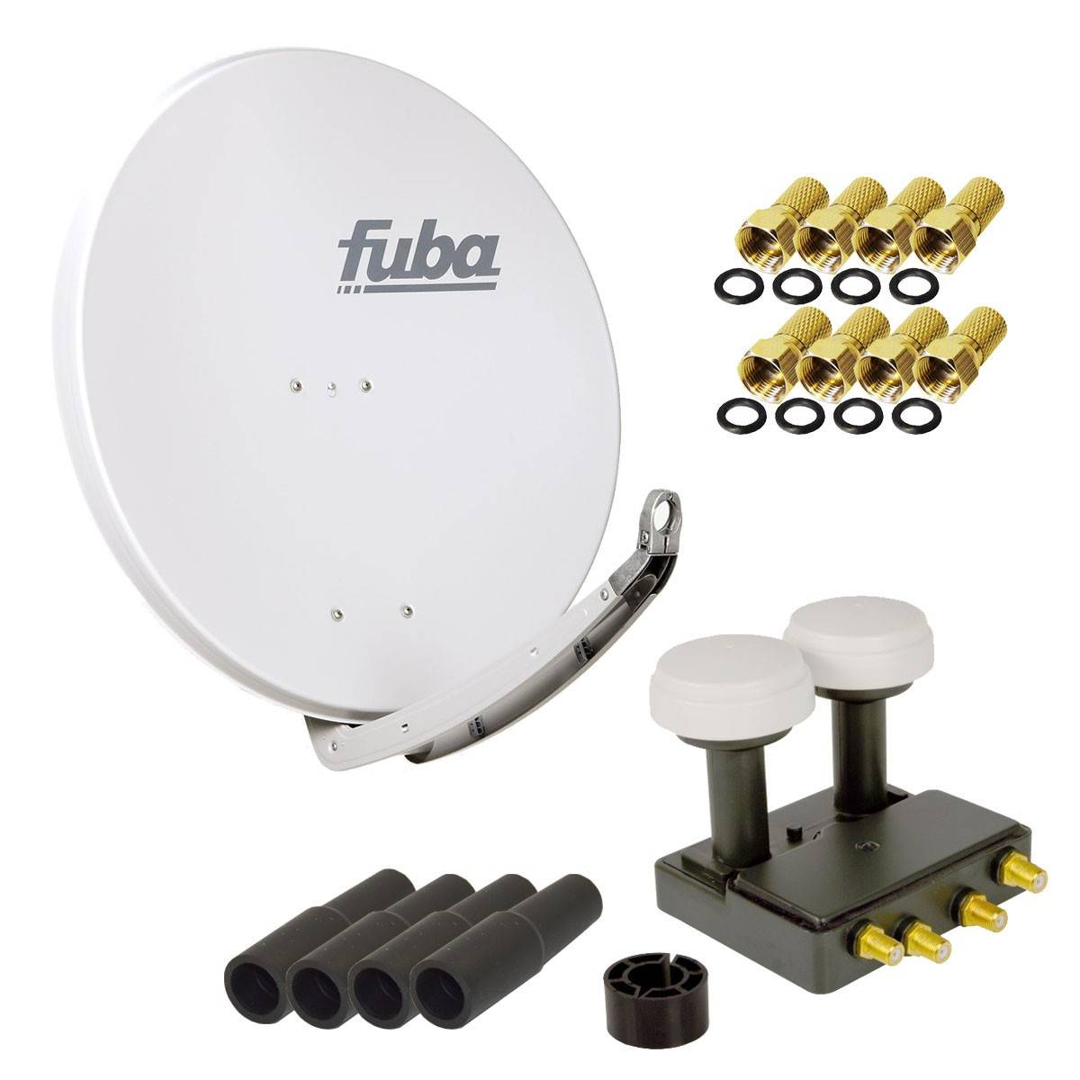 FUBA 4 Teilnehmer Astra Hotbird Digital SAT Anlage DAA 850 G ALU Grau PremiumX Quad Monoblock LNB 8x F-Stecker 4x Tülle