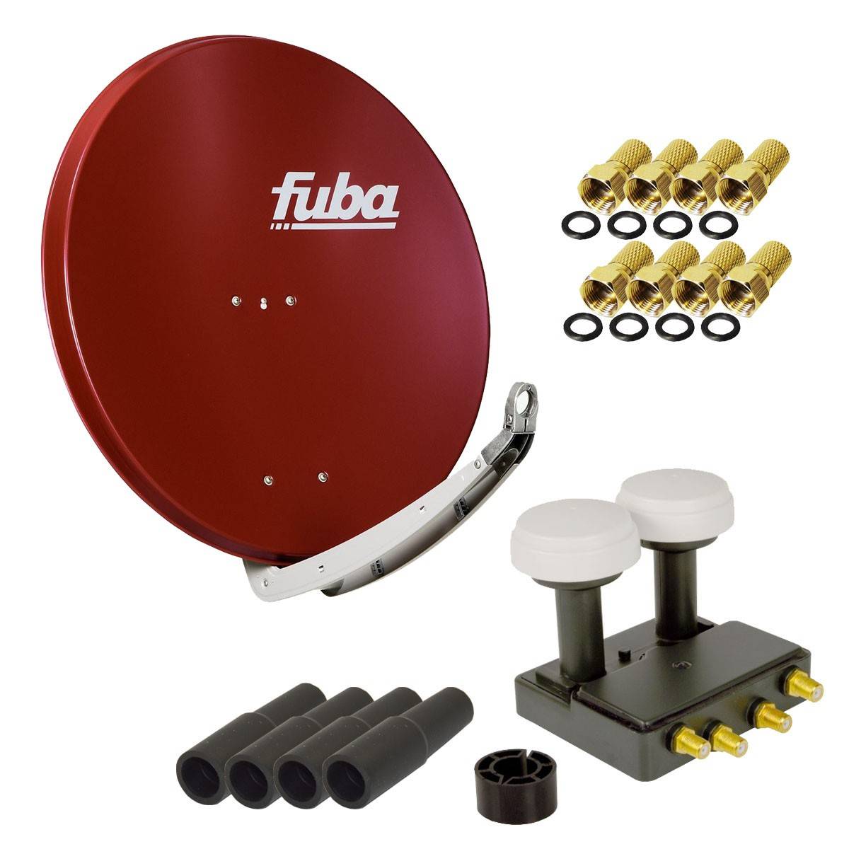 FUBA 4 Teilnehmer Astra Hotbird Digital SAT Anlage DAA 850 R ALU Rot PremiumX Quad Monoblock LNB 8x F-Stecker 4x Tülle