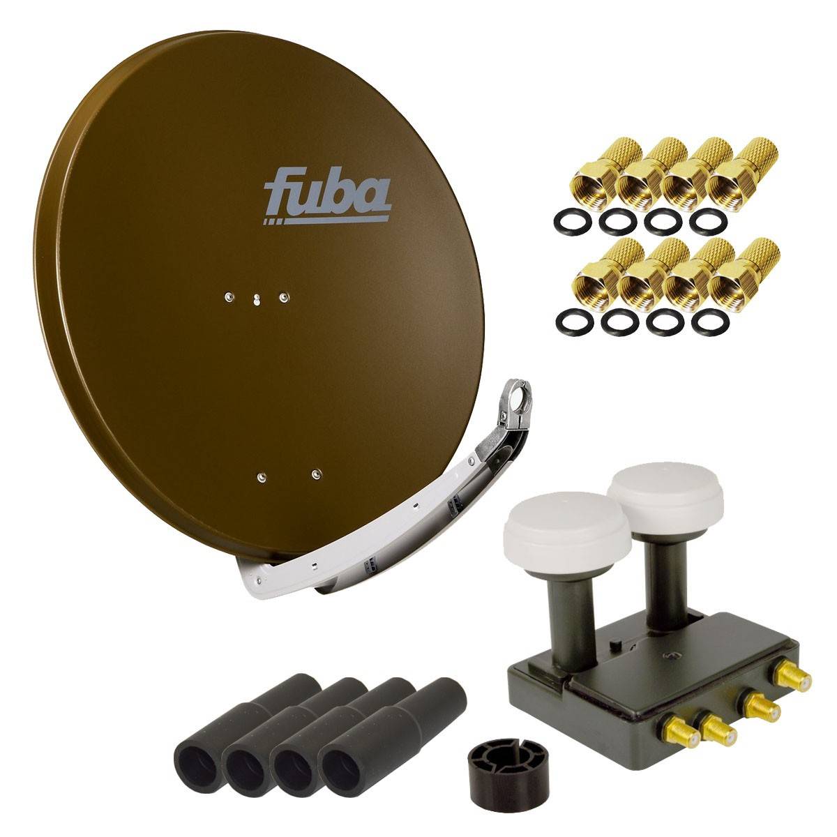 FUBA 4 Teilnehmer Astra Hotbird Digital SAT Anlage DAA 850 B ALU Braun PremiumX Quad Monoblock LNB 8x F-Stecker 4x Tülle