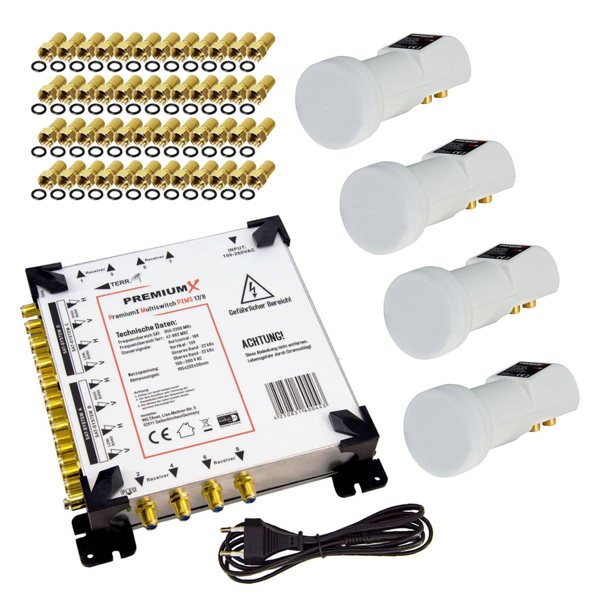 PremiumX Multischalter Set 17/8 Multiswitch 4x PXV-Q Quattro LNB 48x F-Stecker, Satverteiler 4 SAT für 8 Teilnehmer