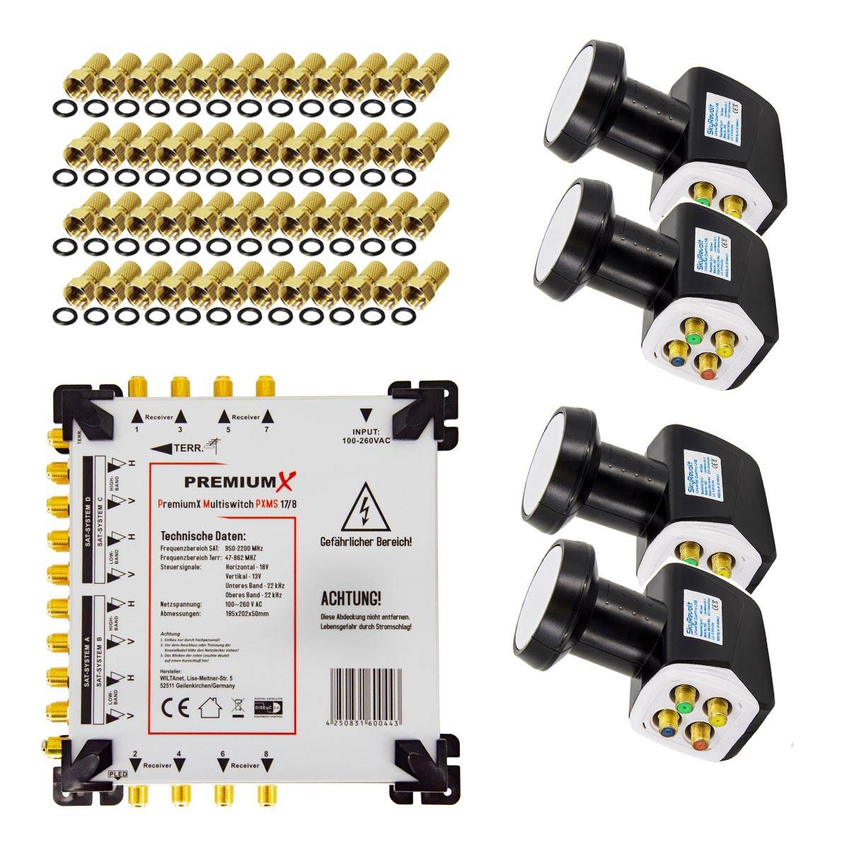 PremiumX Multischalter Set 17/8 Multiswitch 4x SkyRevolt Quattro LNB 48x F-Stecker, Satverteiler 4 SAT für 8 Teilnehmer