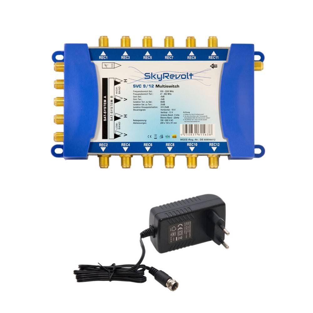 SkyRevolt Multischalter 9/12 Set 2x Quattro LNB 24x F-Stecker 2 SAT für 12 Anschlüsse Satverteiler Digital HDTV FullHD 4K UHD 8K