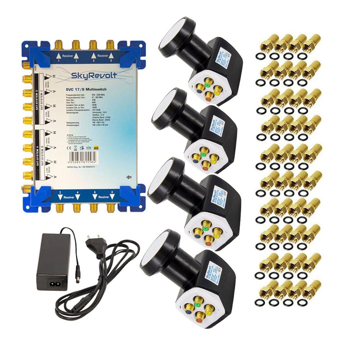SkyRevolt Multischalter 17/8 Set 4x Quattro LNB 40x F-Stecker 4 SAT für 8 Anschlüsse Satverteiler Digital HDTV FullHD 4K UHD 8K