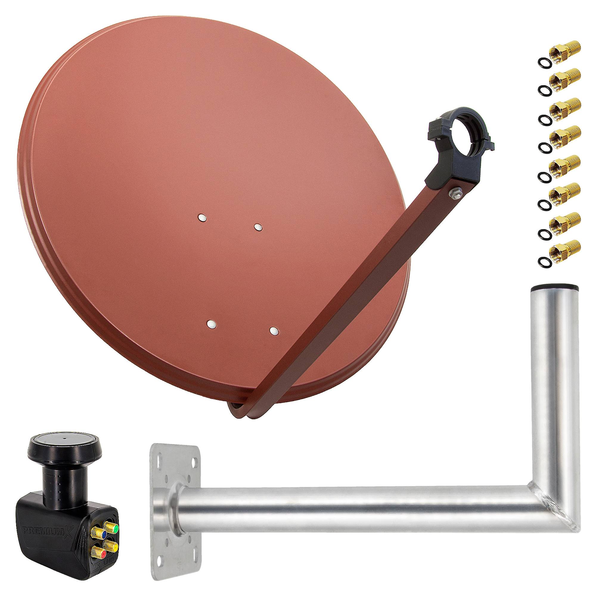 PremiumX Satelliten-Komplettanlage 80cm Satellitenantenne Ziegelrot Satellitenschüssel Quad LNB Wandhalter 45cm, SAT 4 Teilnehmer