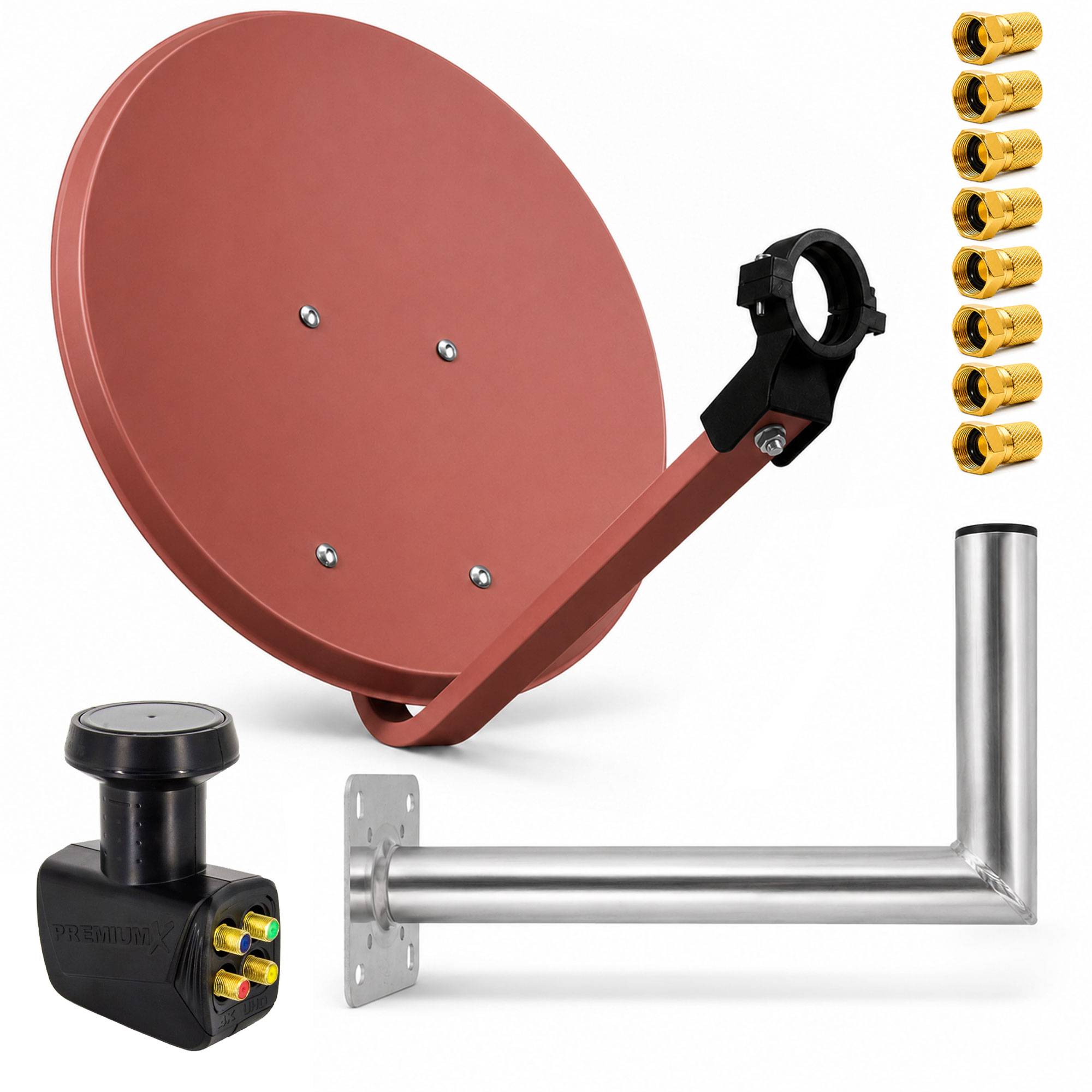 Satellitenschüssel-Montageset mit roter Schüssel, L-förmiger Metallhalterung, Wandmast, schwarzem Stecker und goldenen Koaxialsteckern auf weißem Hintergrund dargestellt