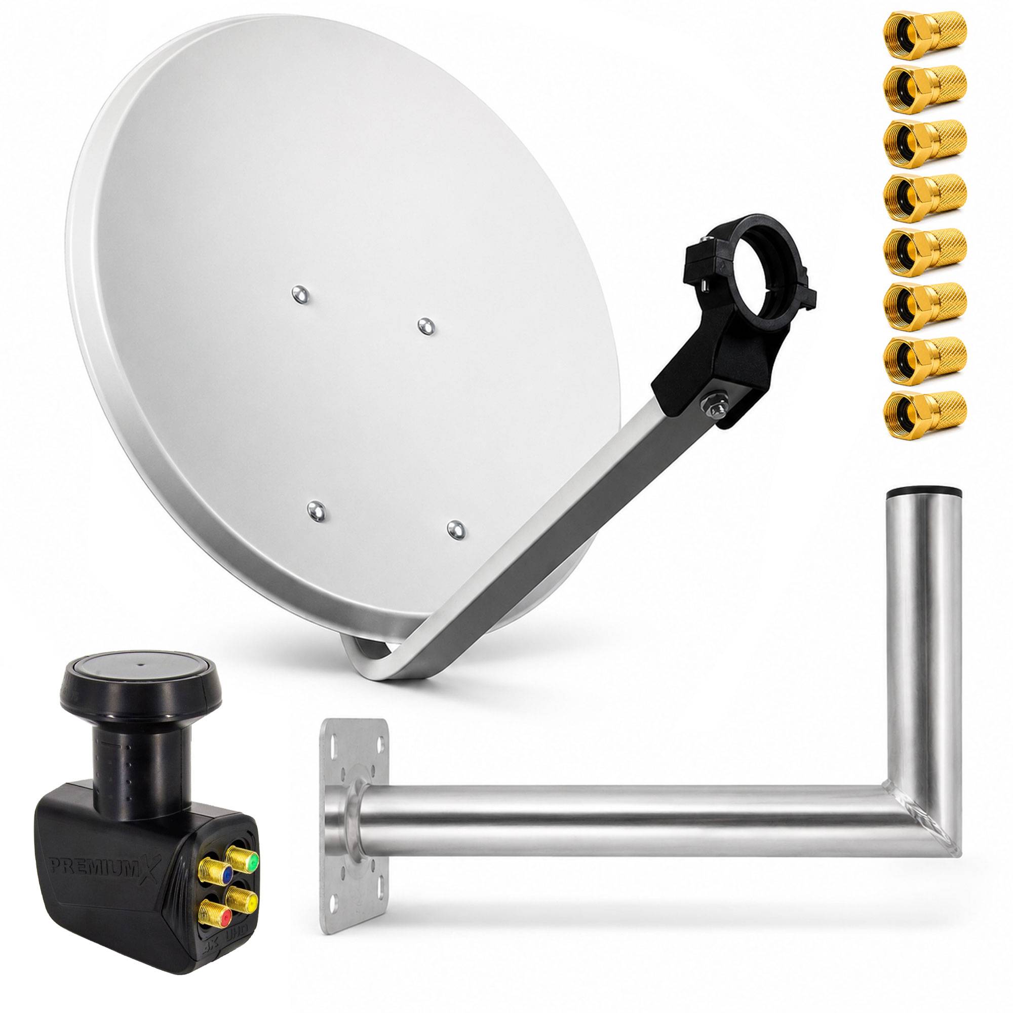 Satellitenschüssel-Montageset mit Schüssel, Armhalterung, wandmontiertem Mast, L-förmigem Mast und Montagezubehör auf weißem Hintergrund dargestellt.