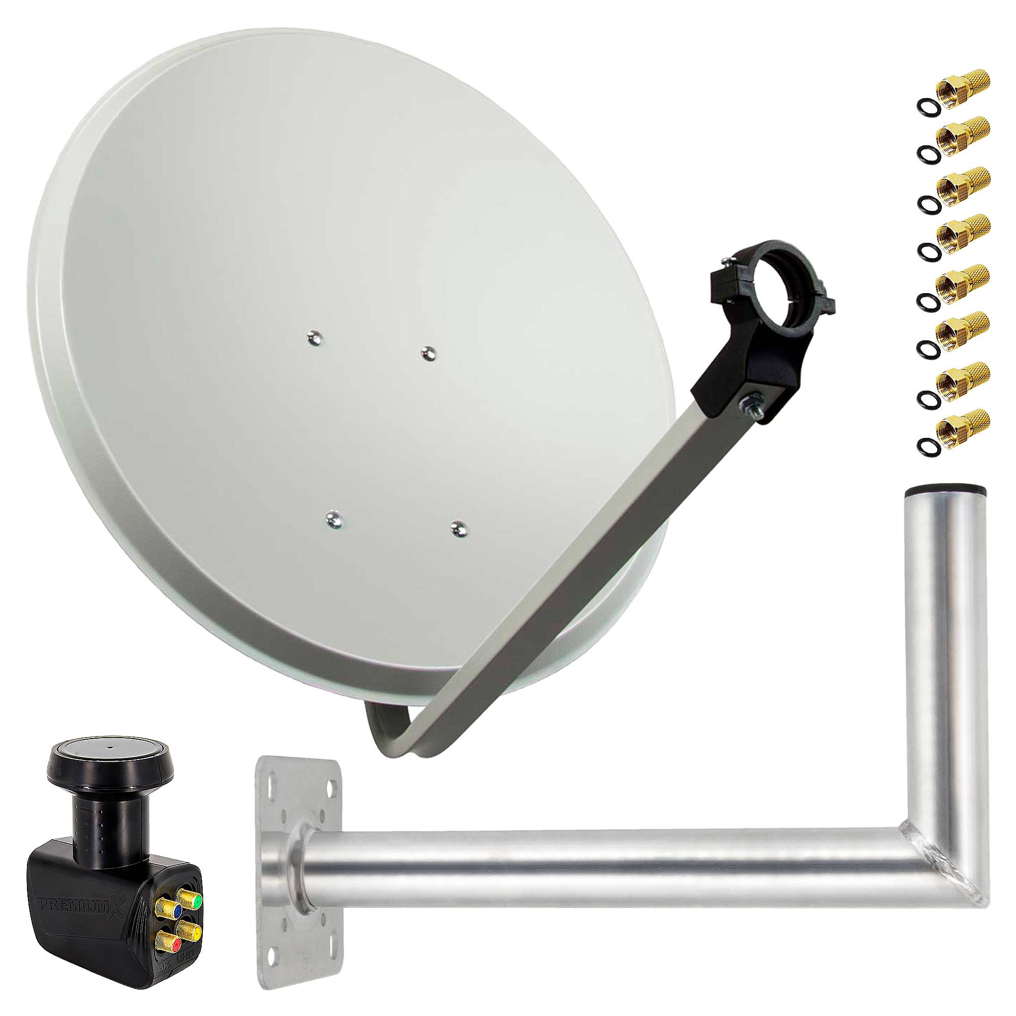 PremiumX Satelliten-Komplettanlage 80cm Hellgrau Satellitenantenne Satellitenschüssel SAT Quad LNB Wandhalter 45cm 8x F-Stecker