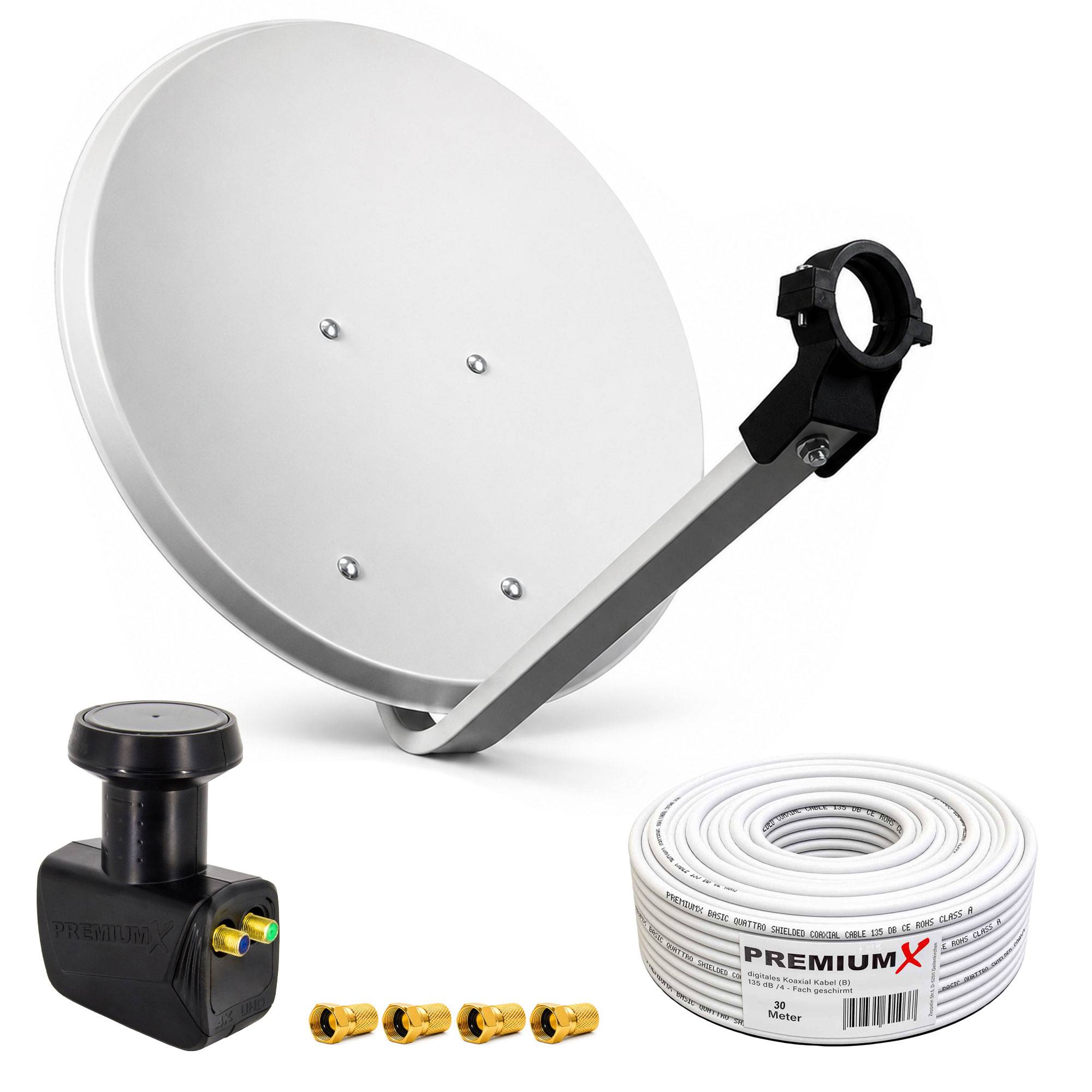 Satellitenschüssel-Antennenbausatz mit Montagestütze, LNB, Koaxialkabelrolle und vier vergoldeten Steckverbindern auf weißem Hintergrund.