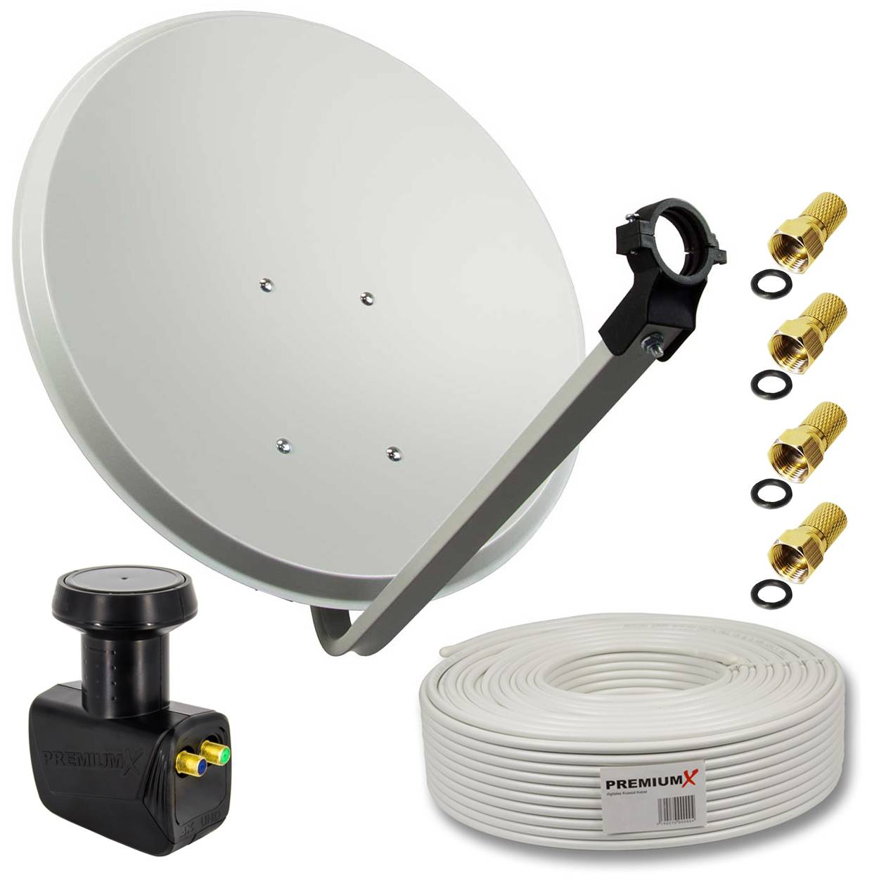 PremiumX Satelliten-Komplettanlage 60cm Antenne SAT Twin LNB 30m Antennenkabel 4x F-Stecker für 2 Teilnehmer