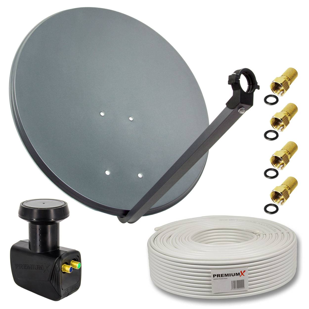 PremiumX Satelliten-Komplettanlage 60cm Antenne Anthrazit Schüssel SAT Twin LNB 30m Antennenkabel 4x F-Stecker