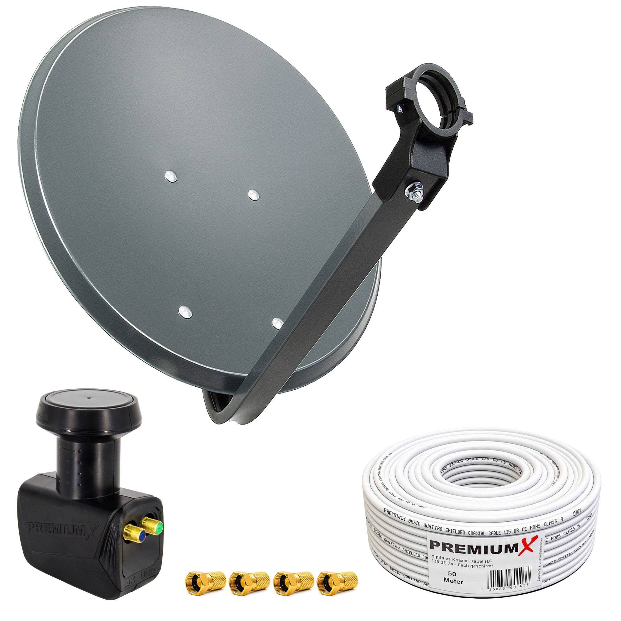 Satellitenschüssel-Antennen-Set mit Montagearmen, LNB und aufgerolltem Koaxialkabel