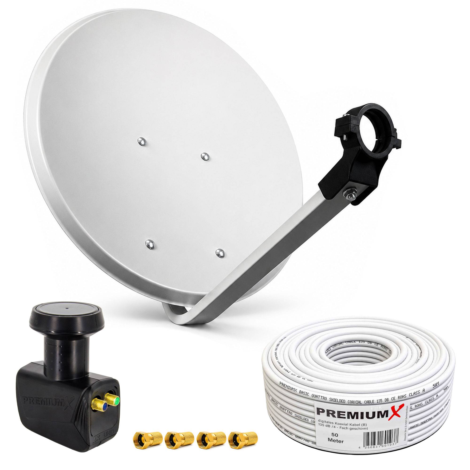 PremiumX Satelliten-Komplettanlage 60cm Satellitenschüssel SAT Twin LNB bis 2 Teilnehmer 50m Antennenkabel 4x F-Stecker