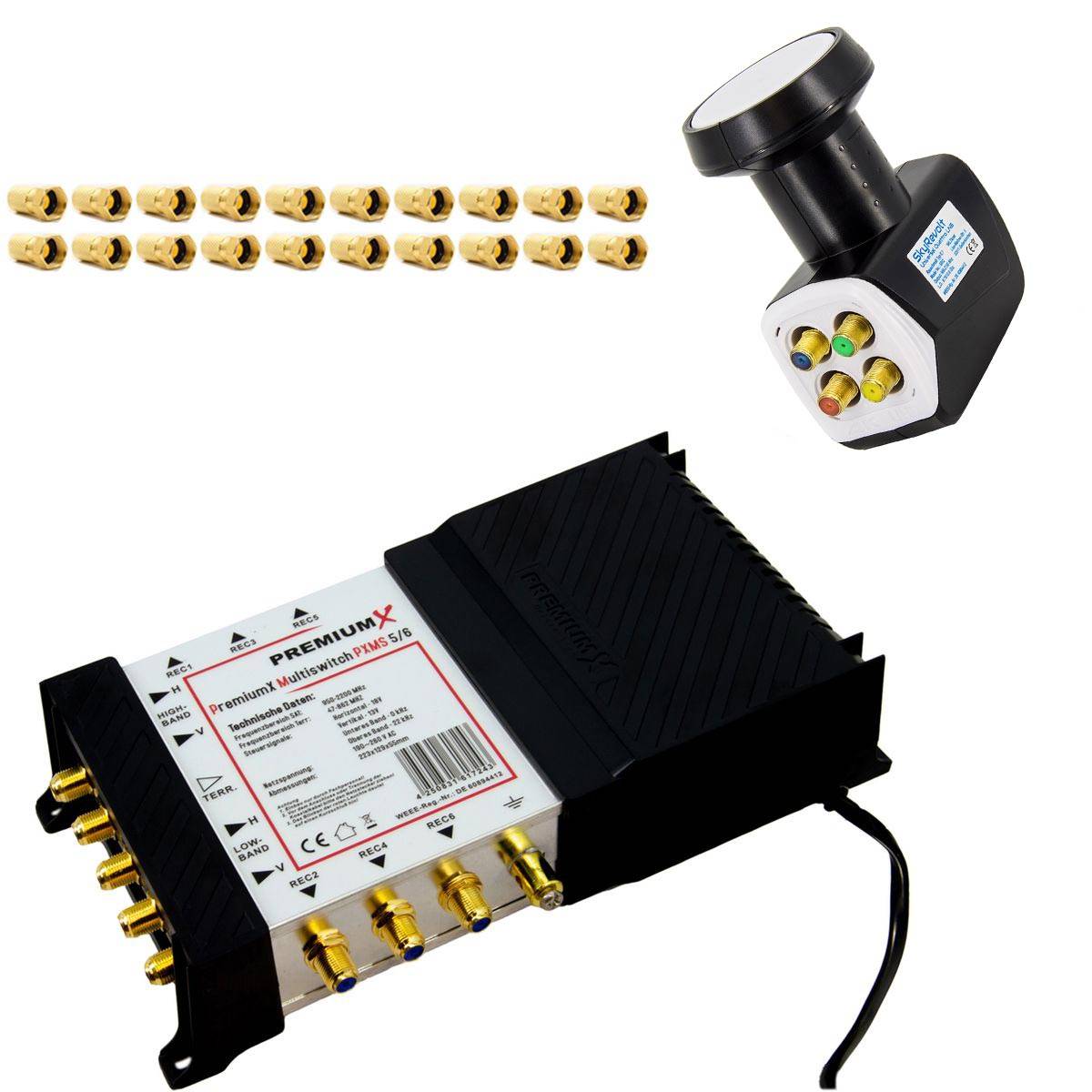 PremiumX Multischalter 5/6 Switch Verteiler 6 Teilnehmer Multiswitch SkyRevolt Quattro LNB 20x F-Stecker