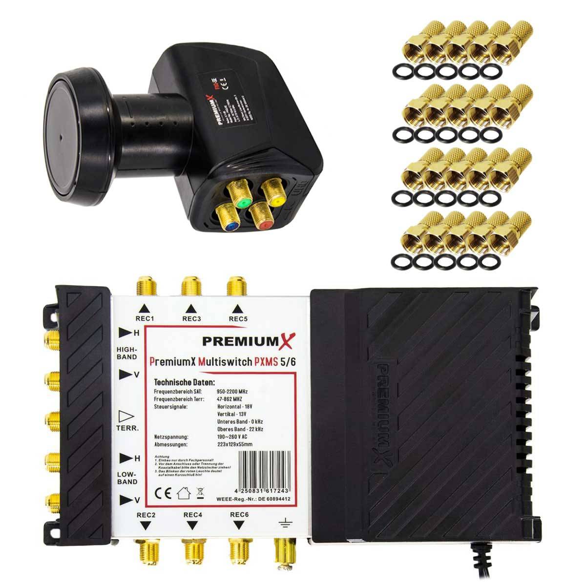 PremiumX Multischalter Set 5/6 Multiswitch Quattro LNB 20x F-Stecker, Satverteiler 1 SAT für 6 Teilnehmer HDTV FullHD 4K UHD 8K