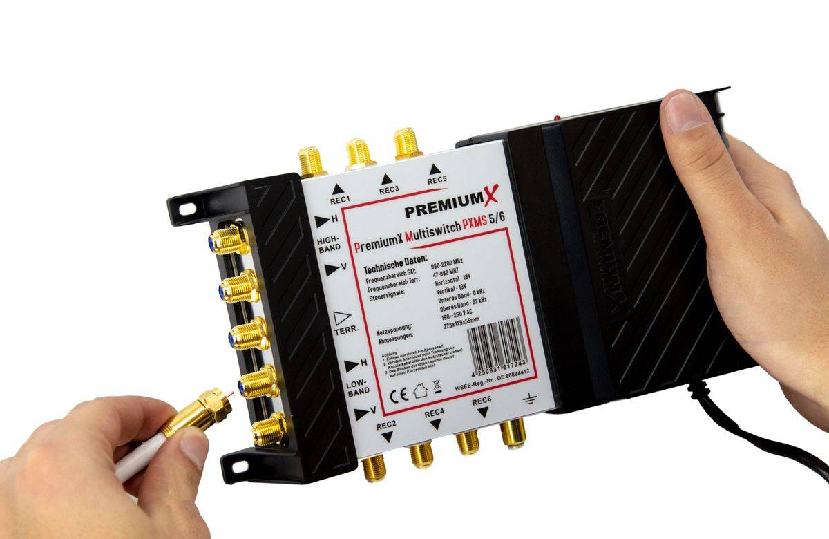 PremiumX Multischalter Set 5/6 Multiswitch Quattro LNB 20x F-Stecker, Satverteiler 1 SAT für 6 Teilnehmer HDTV FullHD 4K UHD 8K
