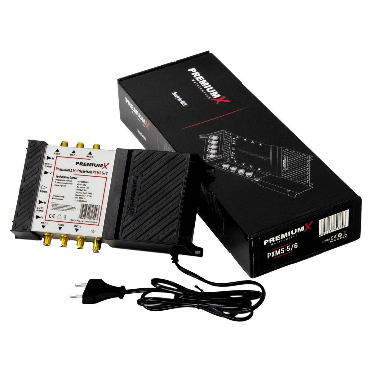 PremiumX Multischalter Set 5/6 Multiswitch Quattro LNB 20x F-Stecker, Satverteiler 1 SAT für 6 Teilnehmer HDTV FullHD 4K UHD 8K