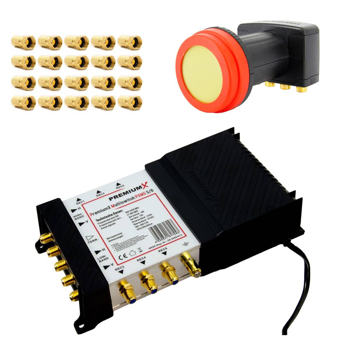PremiumX Multischalter Switch 5/6 Verteiler SAT bis 6 Teilnehmer Multiswitch Quattro LNB FullHD 4K 3D 20x F-Stecker