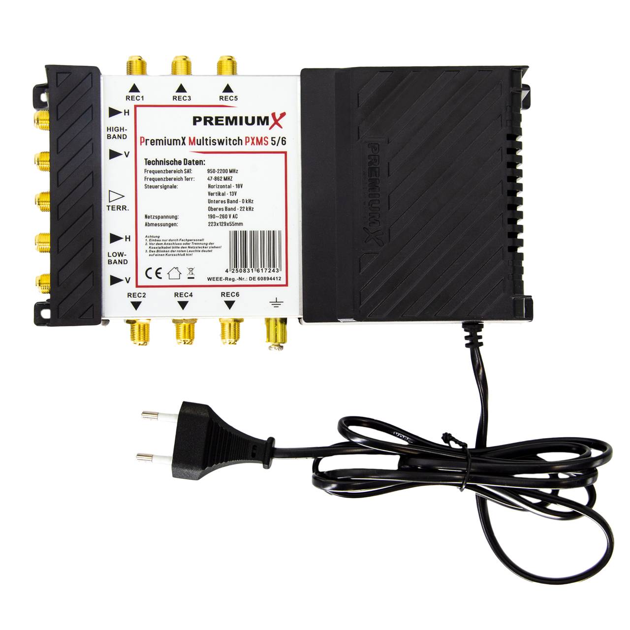 PremiumX PXMS 5/6 Multischalter mit Netzteil Multiswitch 1 SAT für 6 Teilnehmer Satverteiler Digital HDTV FullHD 4K UHD 8K