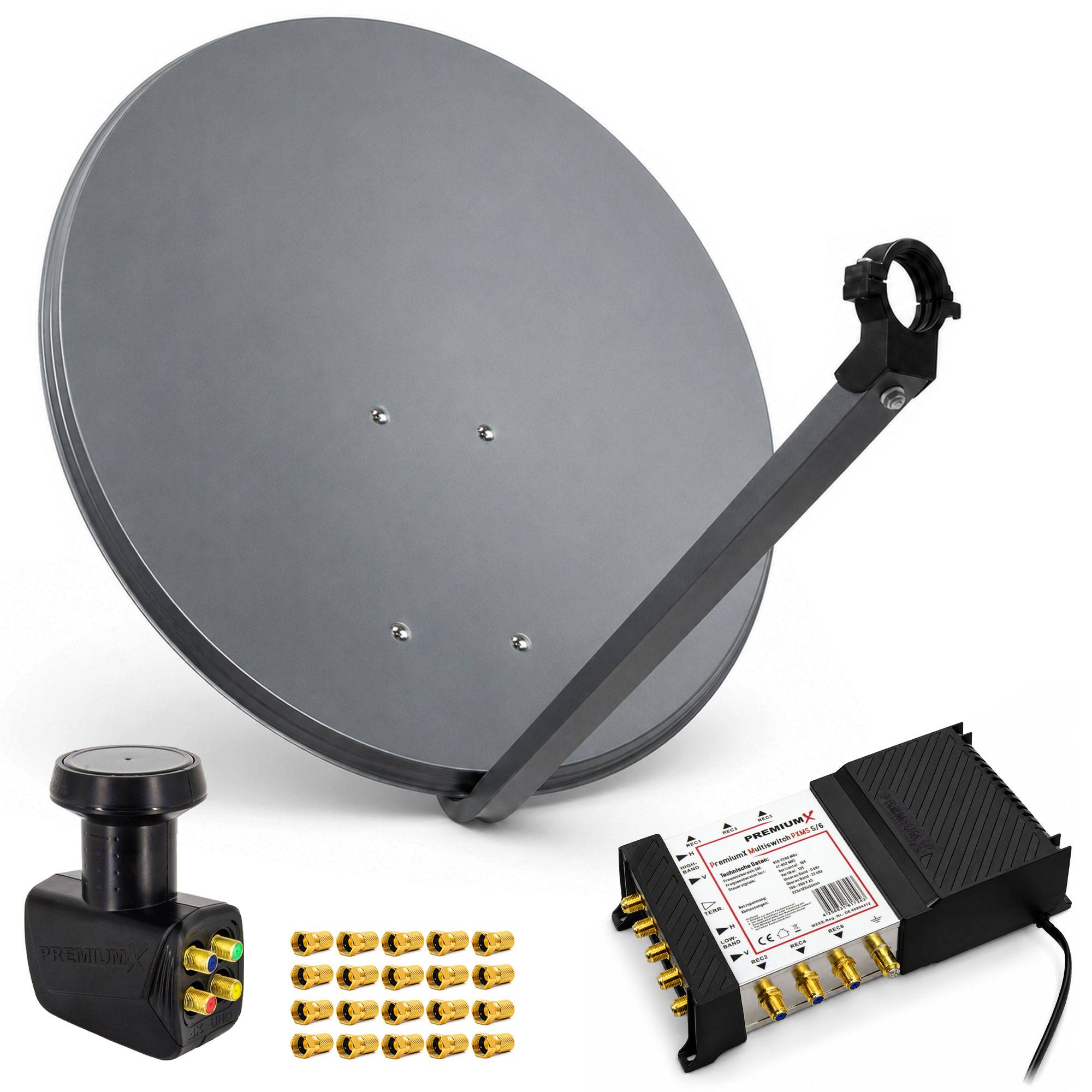 Satellitenempfänger-Antennenset mit Montagehalterung, Signalumwandler, Koaxialsteckern und Multiswitch auf weißem Hintergrund.