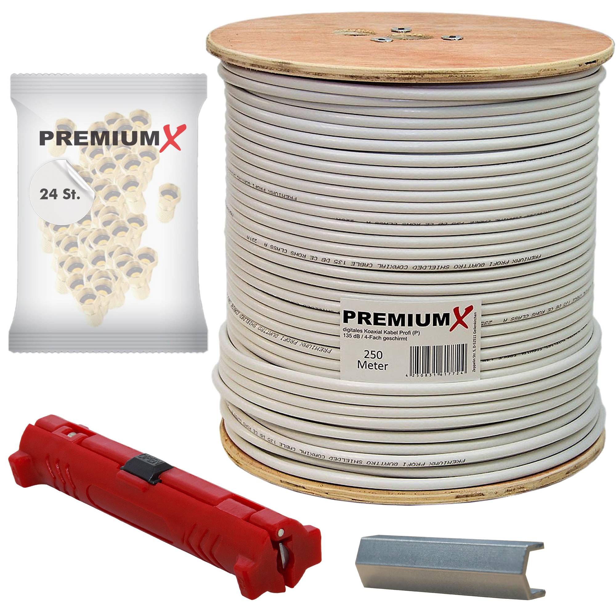 PremiumX 250m SAT PROFI Koaxial-Kabel 135dB 4-fach geschirmt CU reines Kupfer RG-6 Class A Digital TV Montage-Set 24x F-Stecker