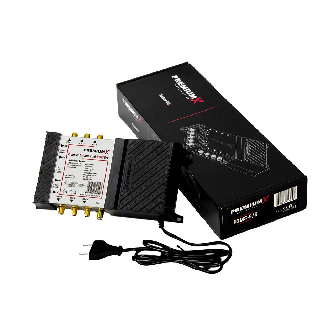 PremiumX Multischalter Switch 5/6 Verteiler SAT bis 6 Teilnehmer Multiswitch Quattro LNB FullHD 4K 3D 20x F-Stecker