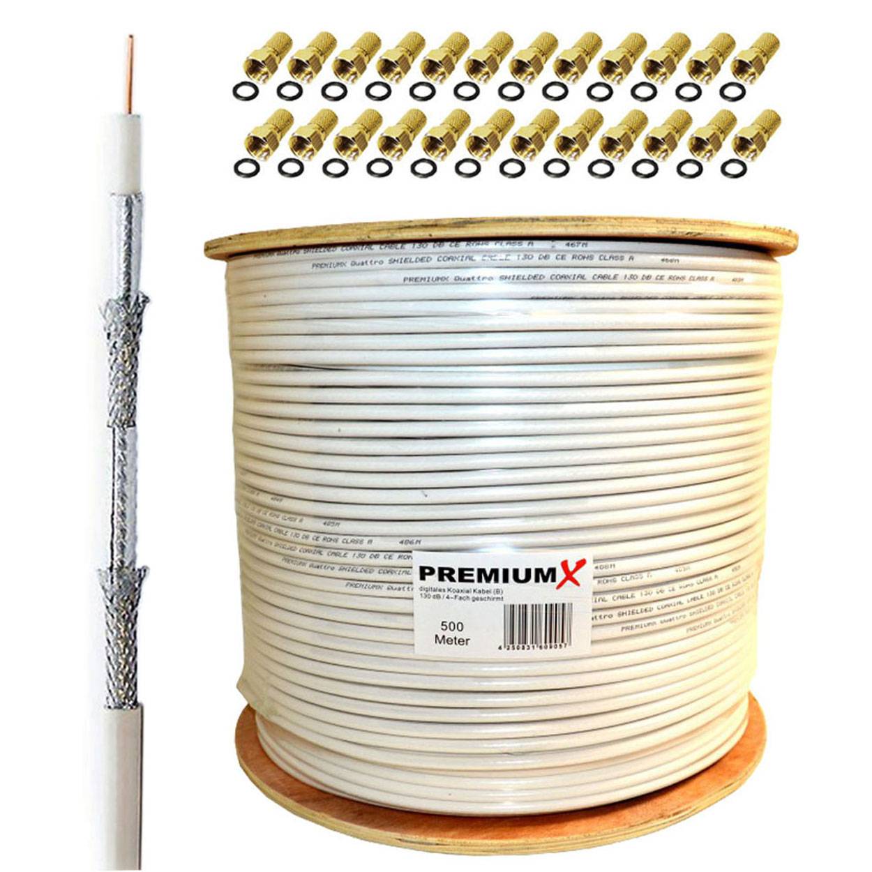PremiumX 500m BASIC Koaxialkabel 135dB 4-fach SAT Antennenkabel Koaxkabel RG-6 CE ROHS Class A SAT-Kabel 24x F-Stecker