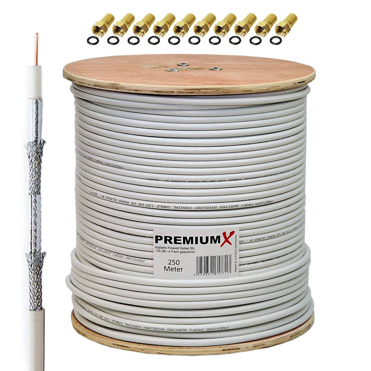 PremiumX 250m BASIC Koaxialkabel 135dB 4-fach SAT Antennenkabel Koax-Kabel DVB-S / S2 DVB-C DVB-T BK Anlagen 10x F-Stecker